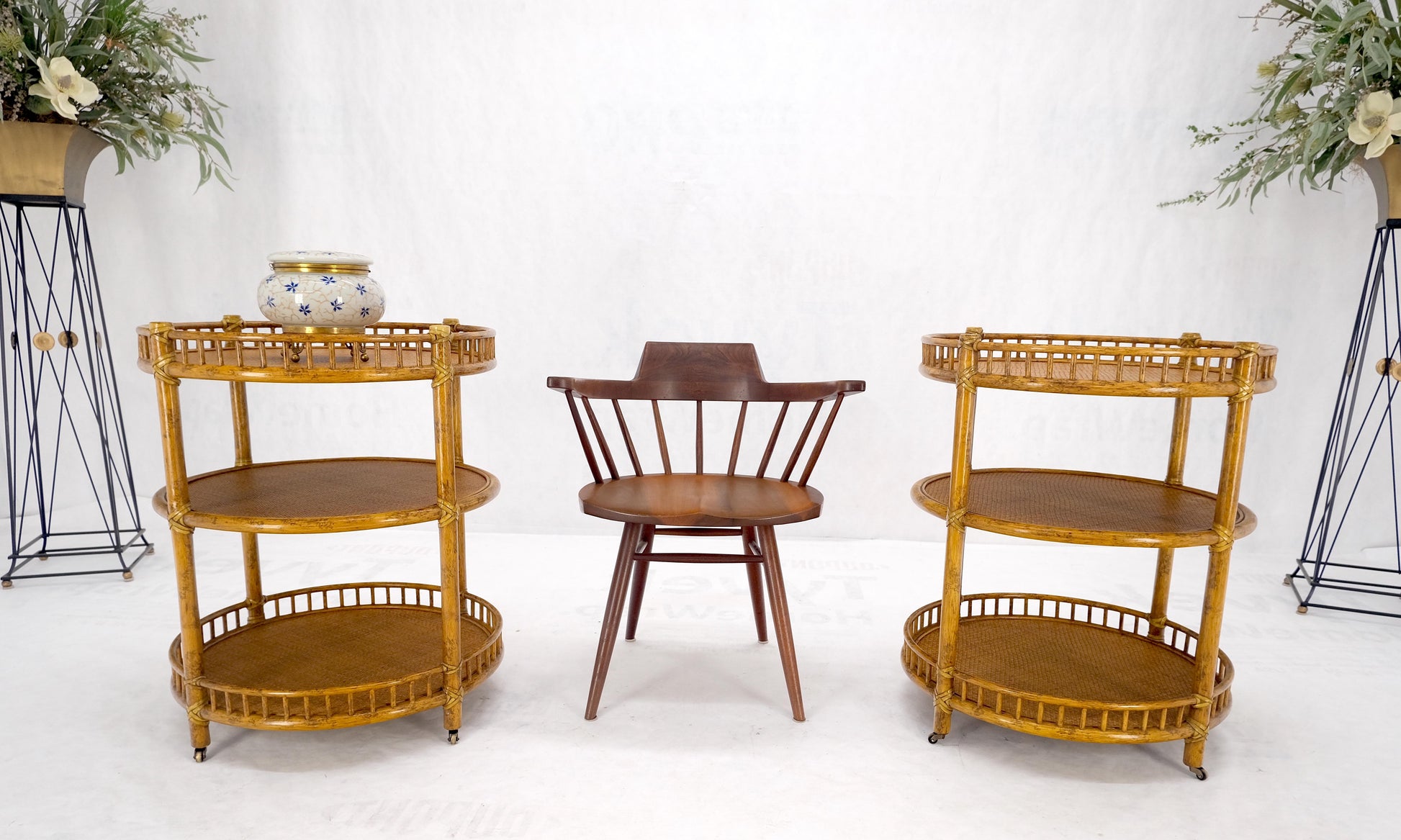 EstablishedLines Pair of Maguire Round Reed & Cane Three Tier Gallery Top Serving Tables Stands