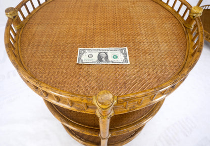 EstablishedLines Pair of Maguire Round Reed & Cane Three Tier Gallery Top Serving Tables Stands