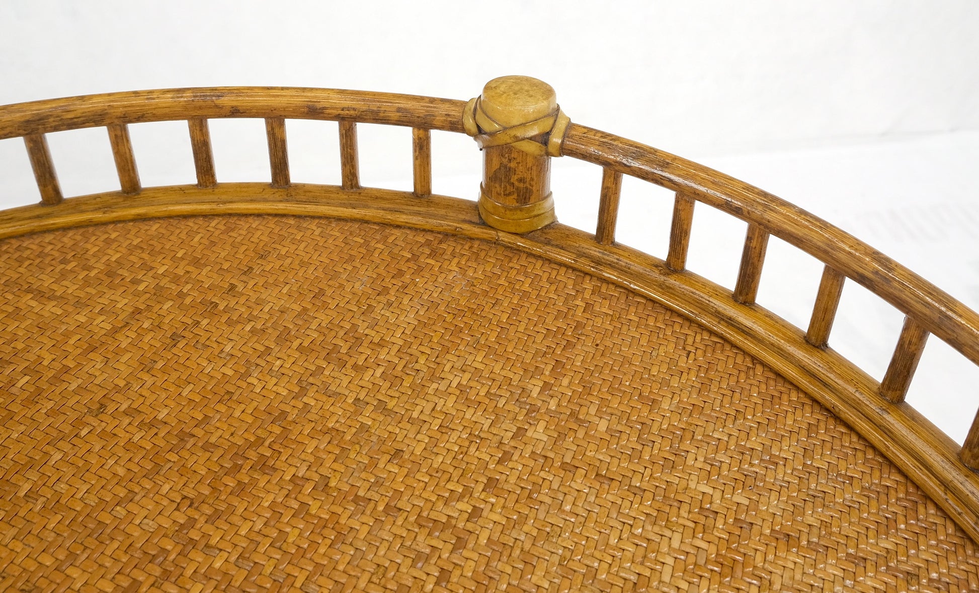 EstablishedLines Pair of Maguire Round Reed & Cane Three Tier Gallery Top Serving Tables Stands