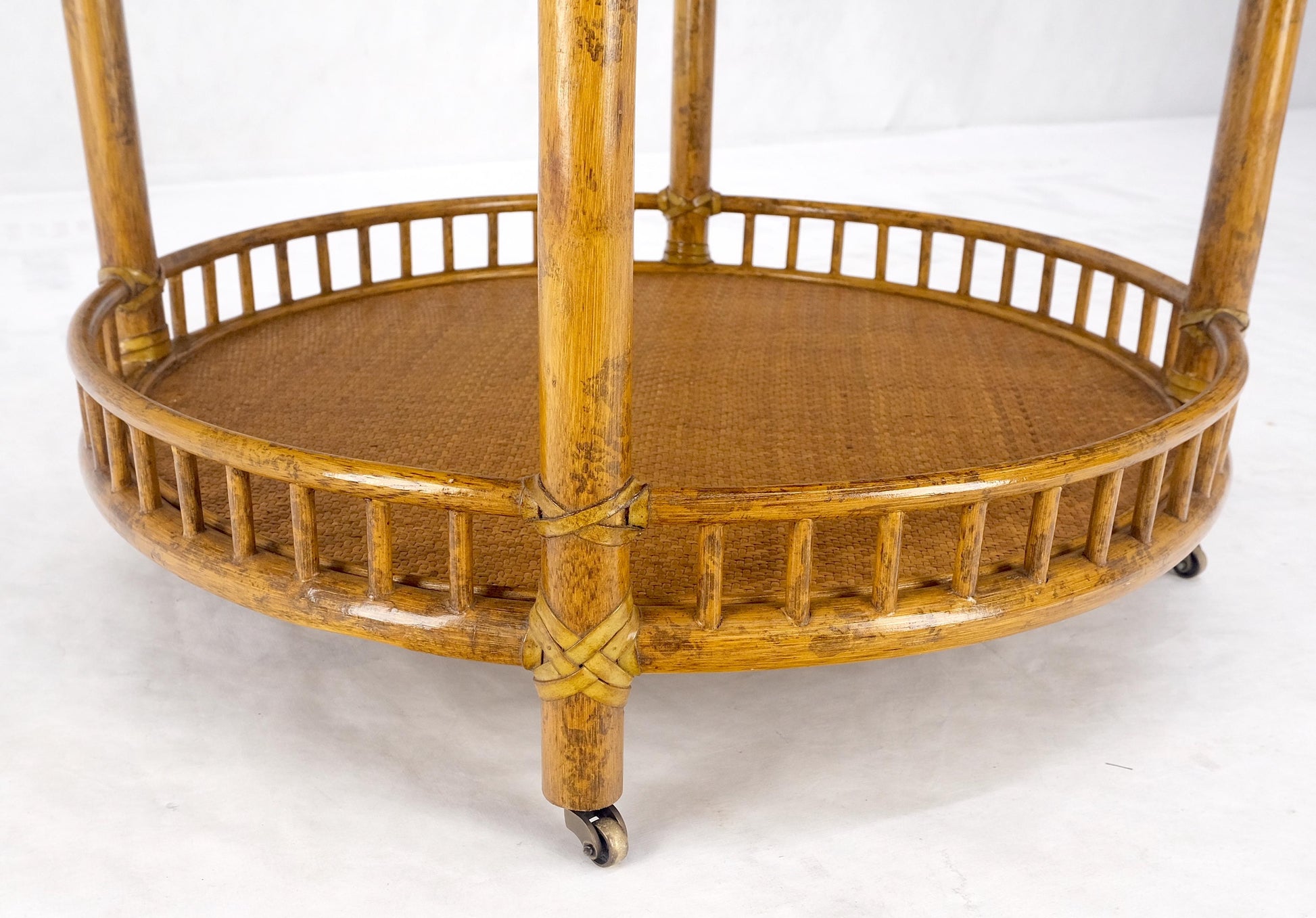EstablishedLines Pair of Maguire Round Reed & Cane Three Tier Gallery Top Serving Tables Stands