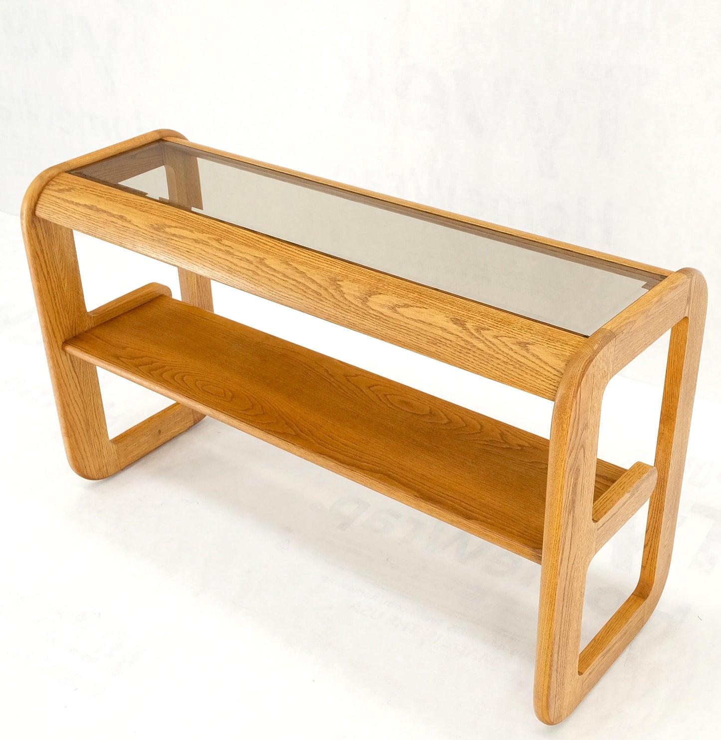 Smoked Glass Golden Oak American Mid Century Modern Console Sofa Table Mint!