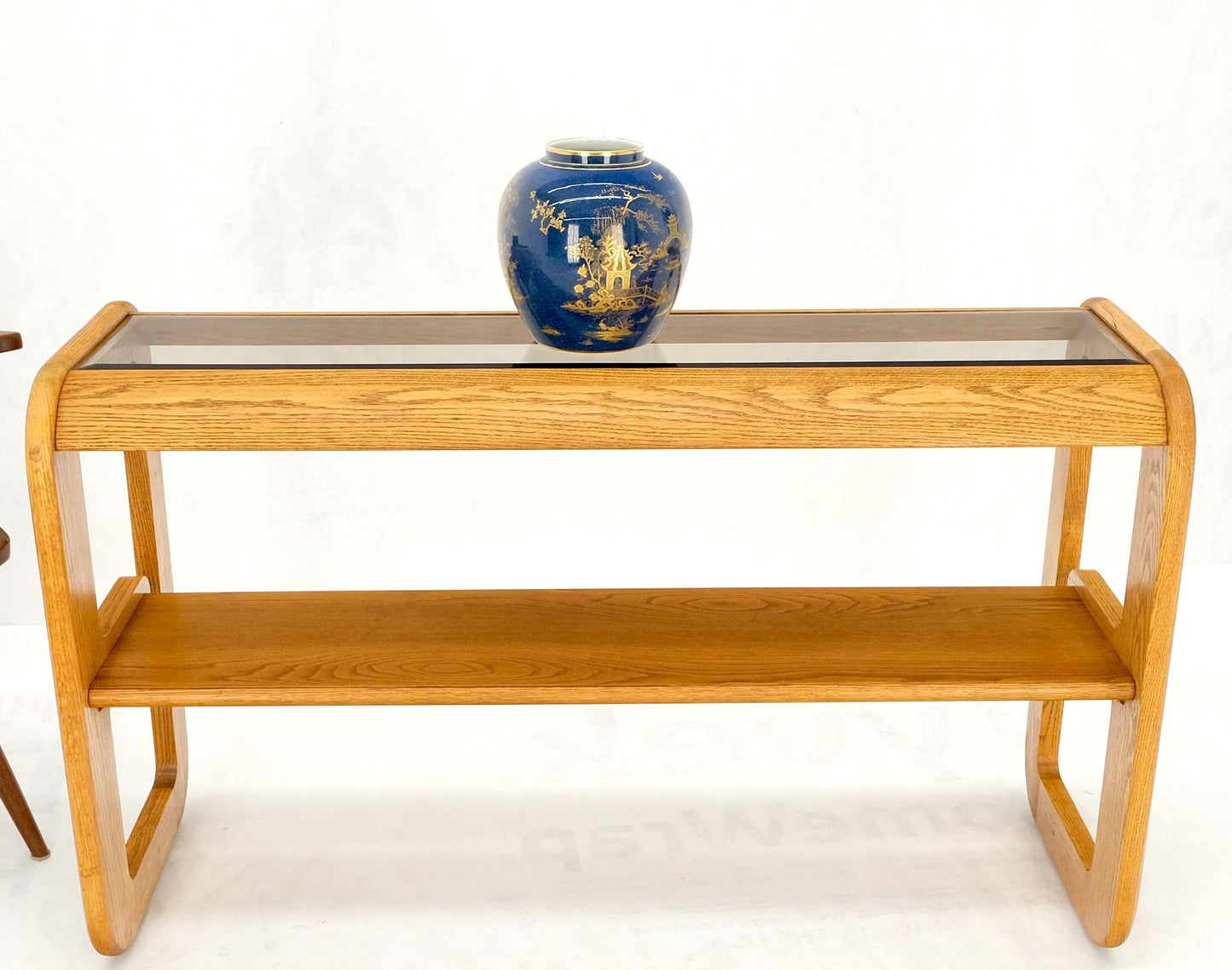 Smoked Glass Golden Oak American Mid Century Modern Console Sofa Table Mint!