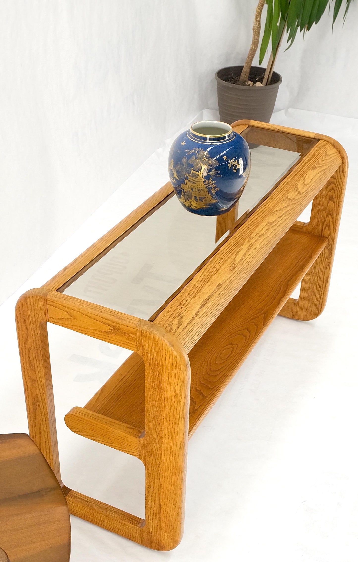 Smoked Glass Golden Oak American Mid Century Modern Console Sofa Table Mint!