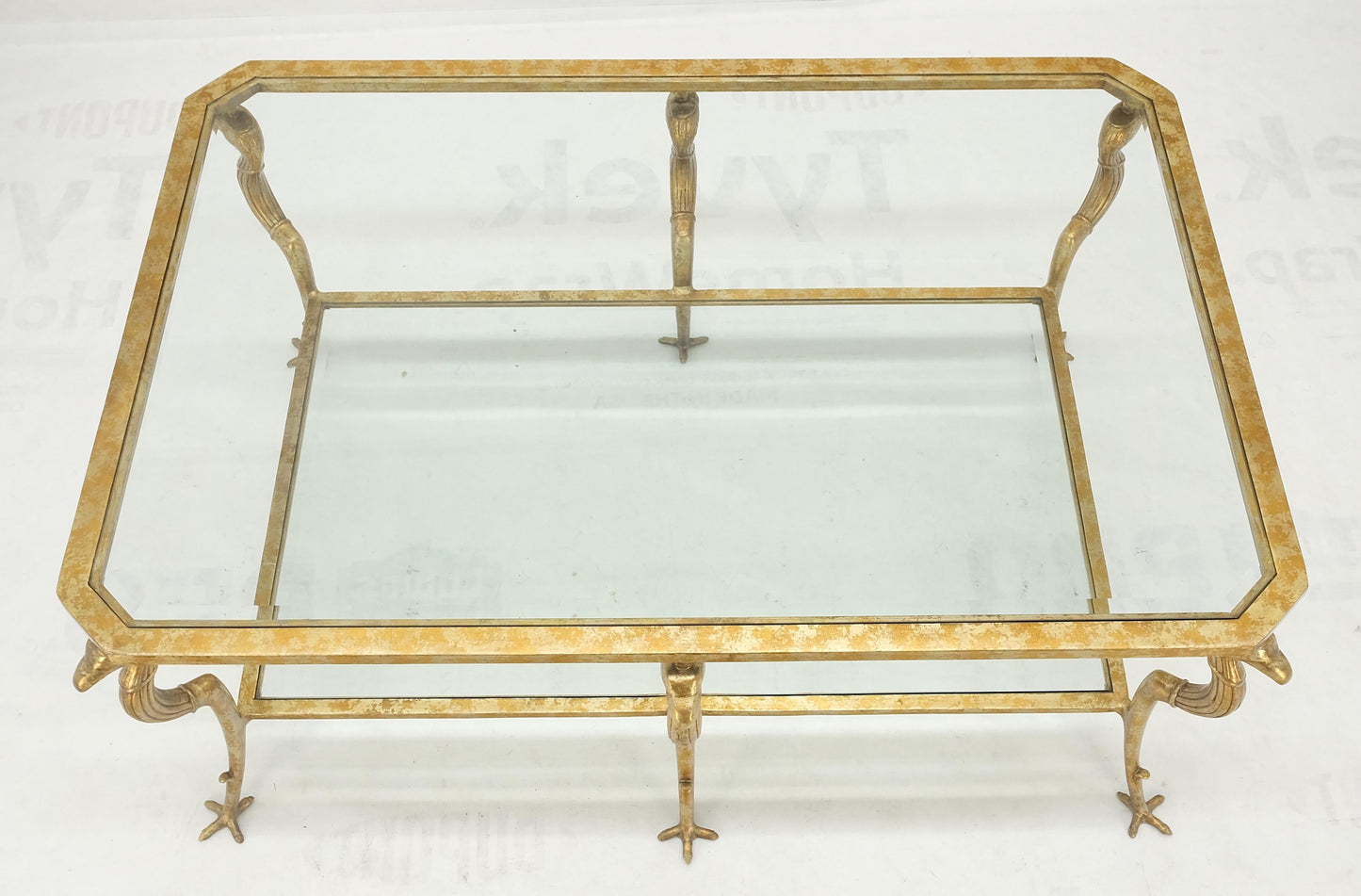 EstablishedLines Silver Gilt Metal Glass Top Two Tier Eagle & Claw Motive Rectangle Coffee Table