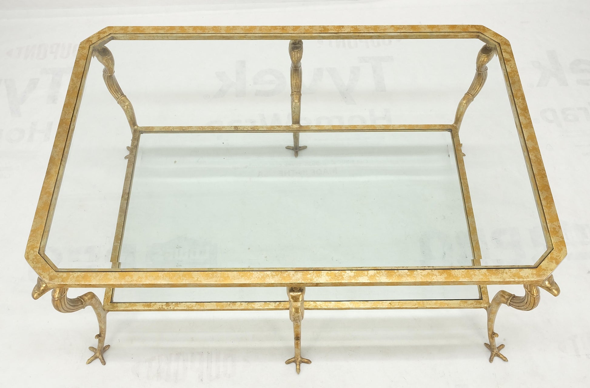 EstablishedLines Silver Gilt Metal Glass Top Two Tier Eagle & Claw Motive Rectangle Coffee Table
