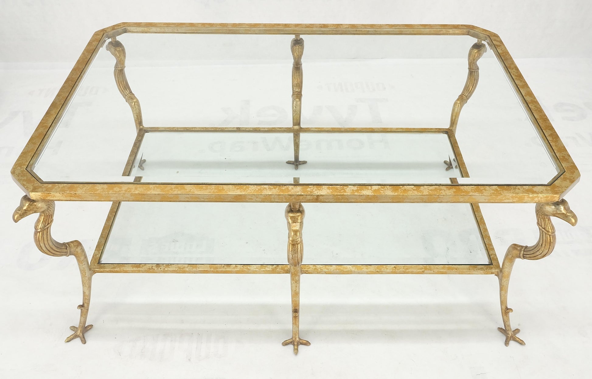 EstablishedLines Silver Gilt Metal Glass Top Two Tier Eagle & Claw Motive Rectangle Coffee Table