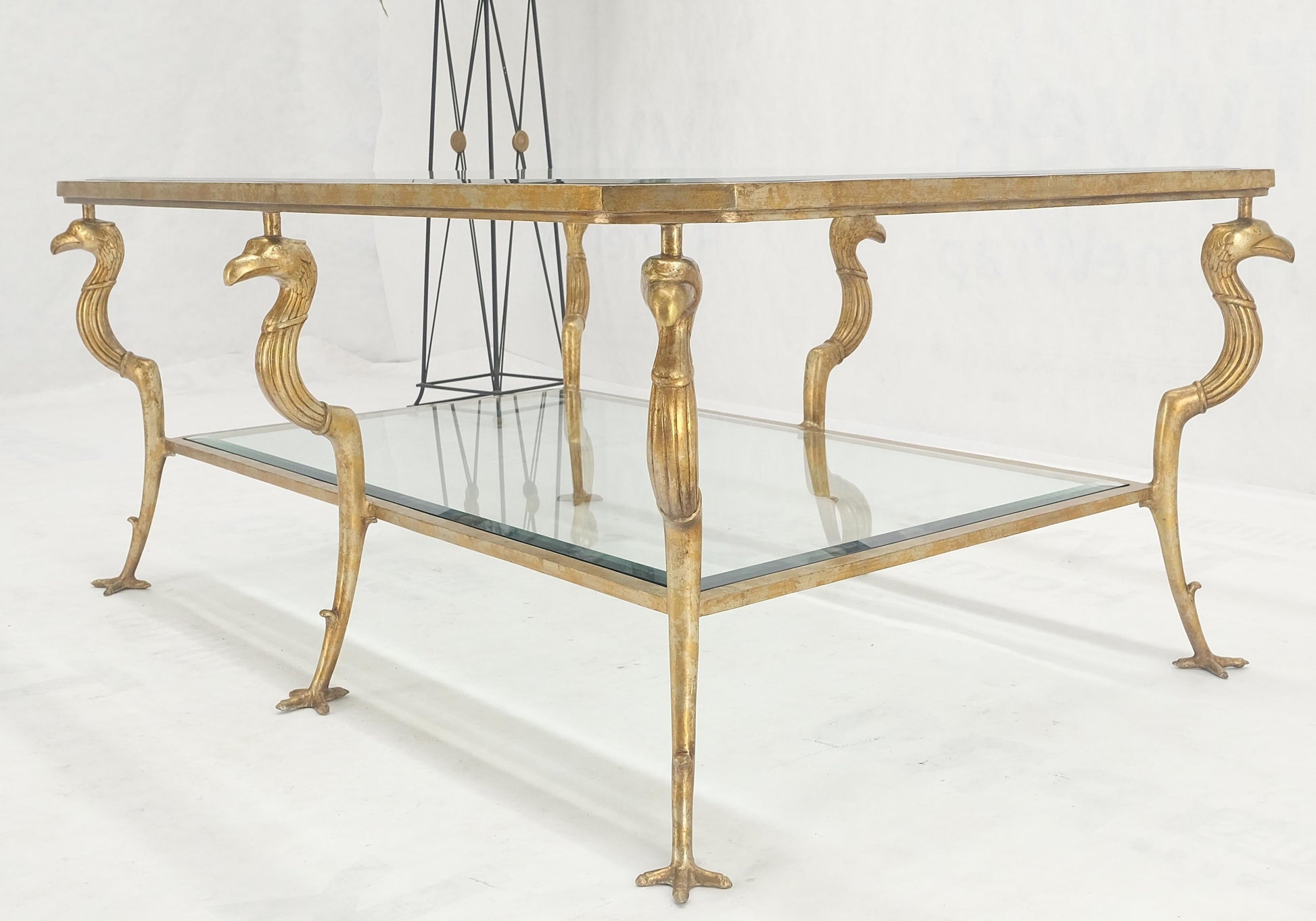 EstablishedLines Silver Gilt Metal Glass Top Two Tier Eagle & Claw Motive Rectangle Coffee Table