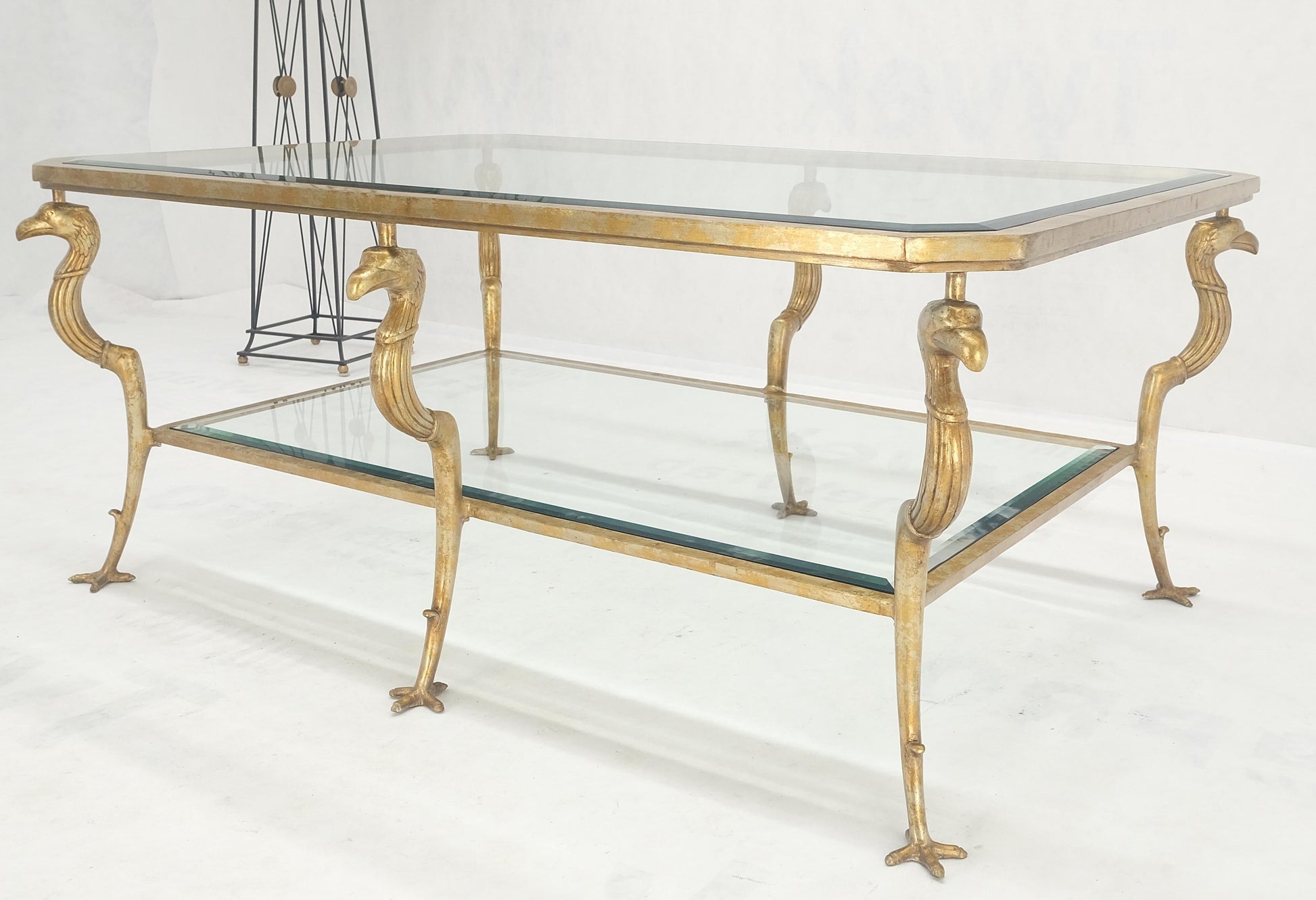 EstablishedLines Silver Gilt Metal Glass Top Two Tier Eagle & Claw Motive Rectangle Coffee Table