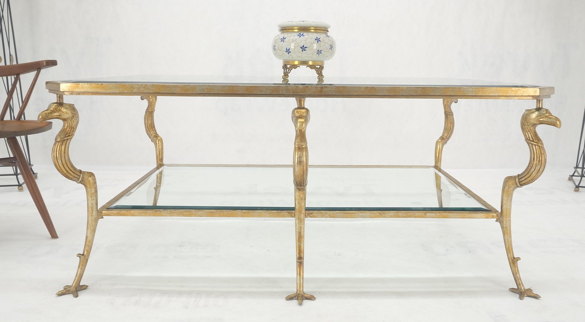 EstablishedLines Silver Gilt Metal Glass Top Two Tier Eagle & Claw Motive Rectangle Coffee Table