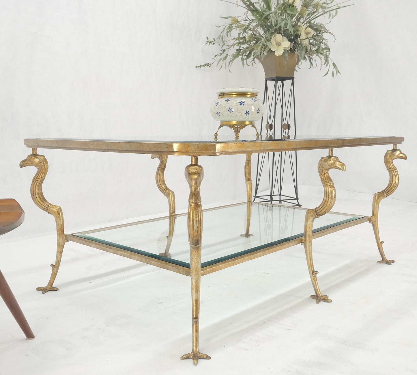 EstablishedLines Silver Gilt Metal Glass Top Two Tier Eagle & Claw Motive Rectangle Coffee Table