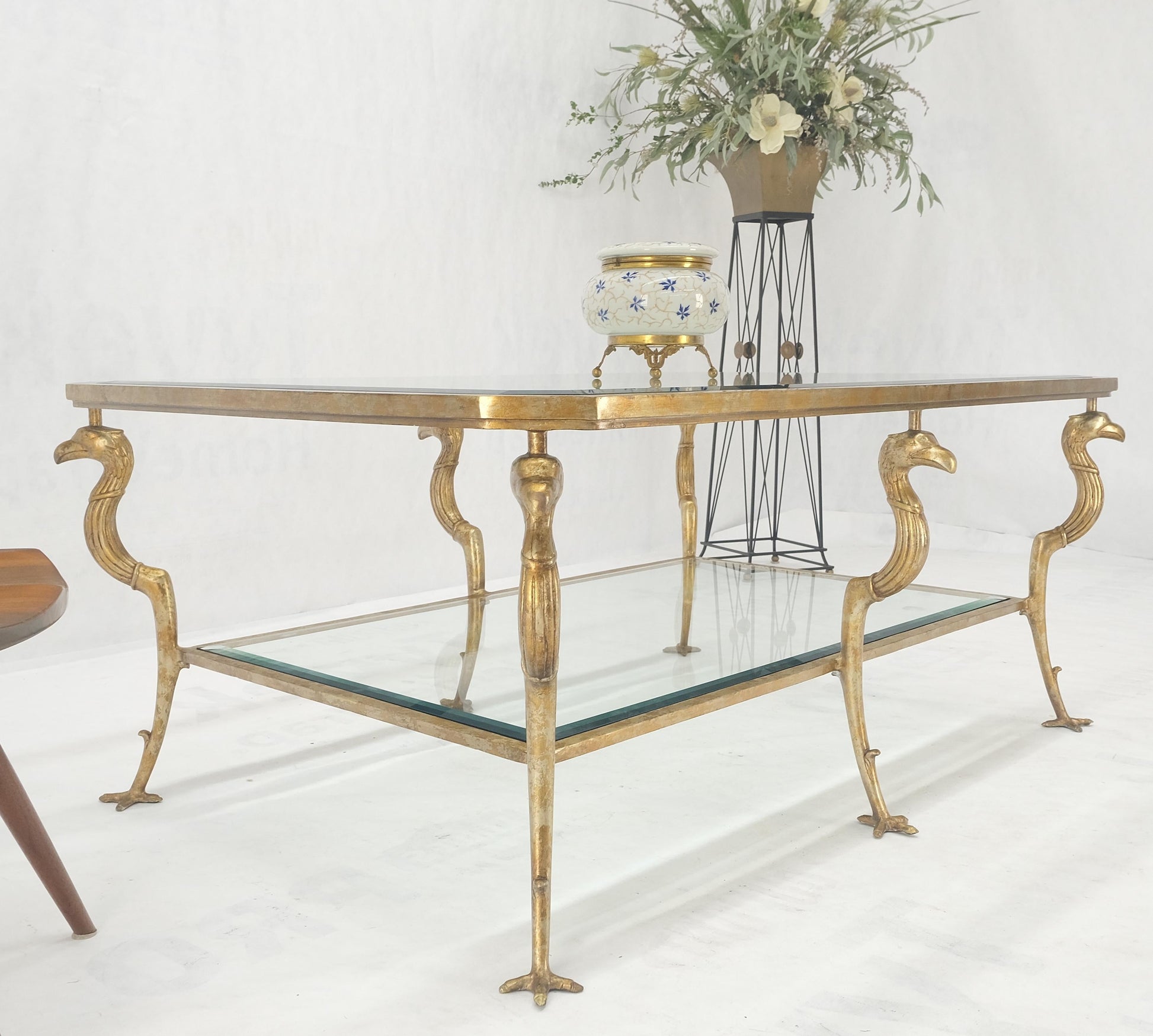 EstablishedLines Silver Gilt Metal Glass Top Two Tier Eagle & Claw Motive Rectangle Coffee Table
