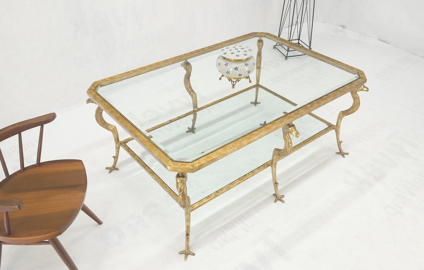EstablishedLines Silver Gilt Metal Glass Top Two Tier Eagle & Claw Motive Rectangle Coffee Table
