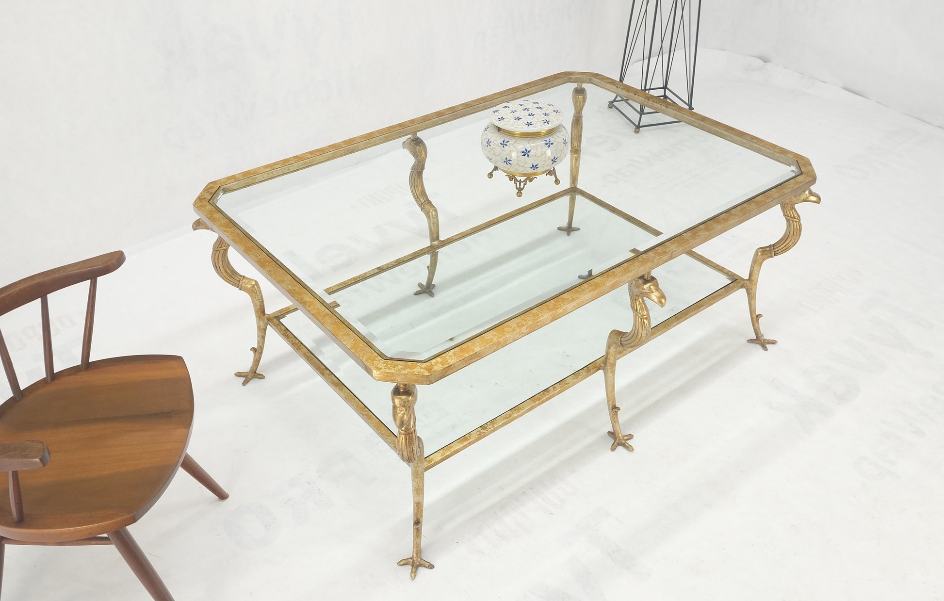 EstablishedLines Silver Gilt Metal Glass Top Two Tier Eagle & Claw Motive Rectangle Coffee Table