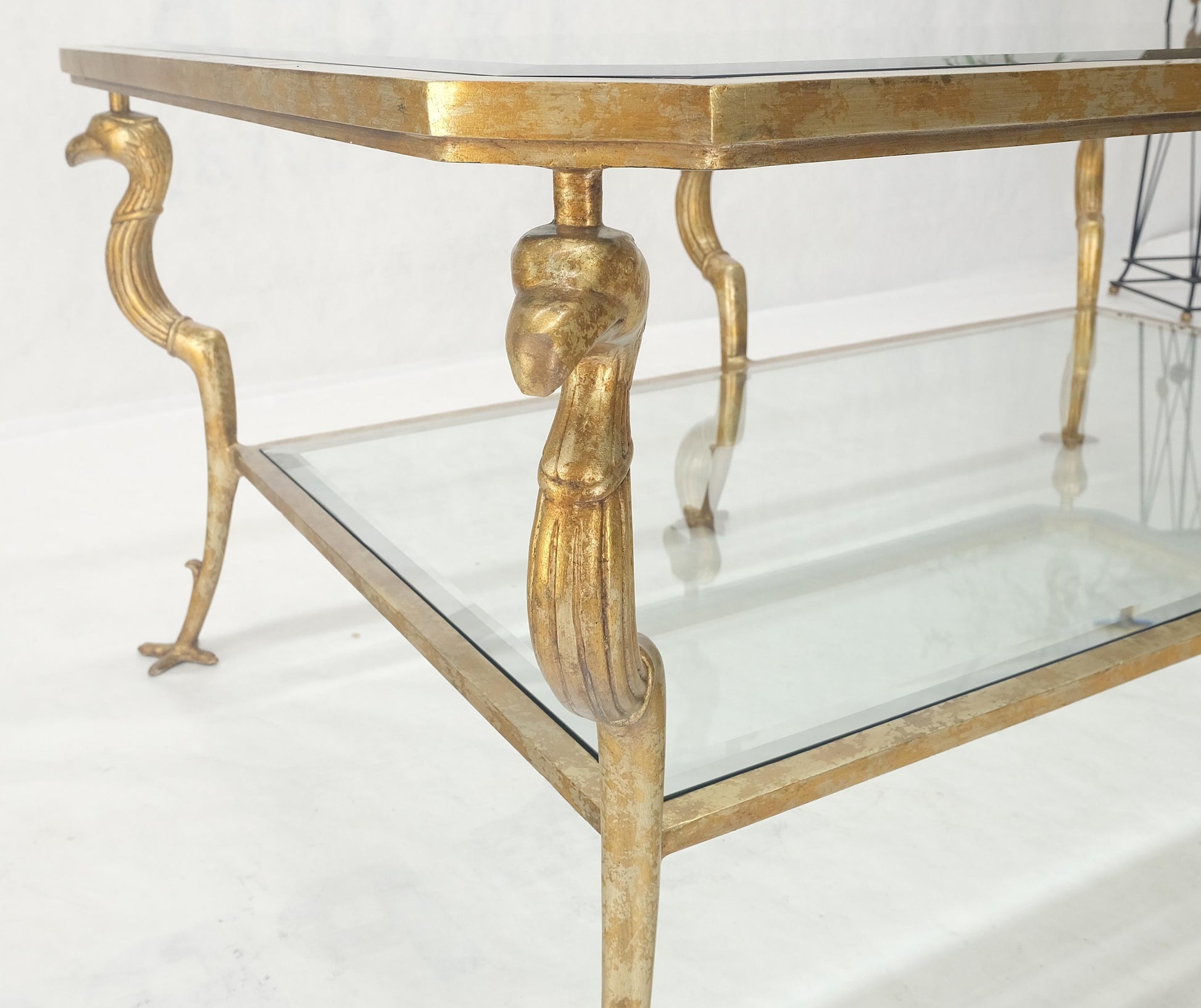 EstablishedLines Silver Gilt Metal Glass Top Two Tier Eagle & Claw Motive Rectangle Coffee Table
