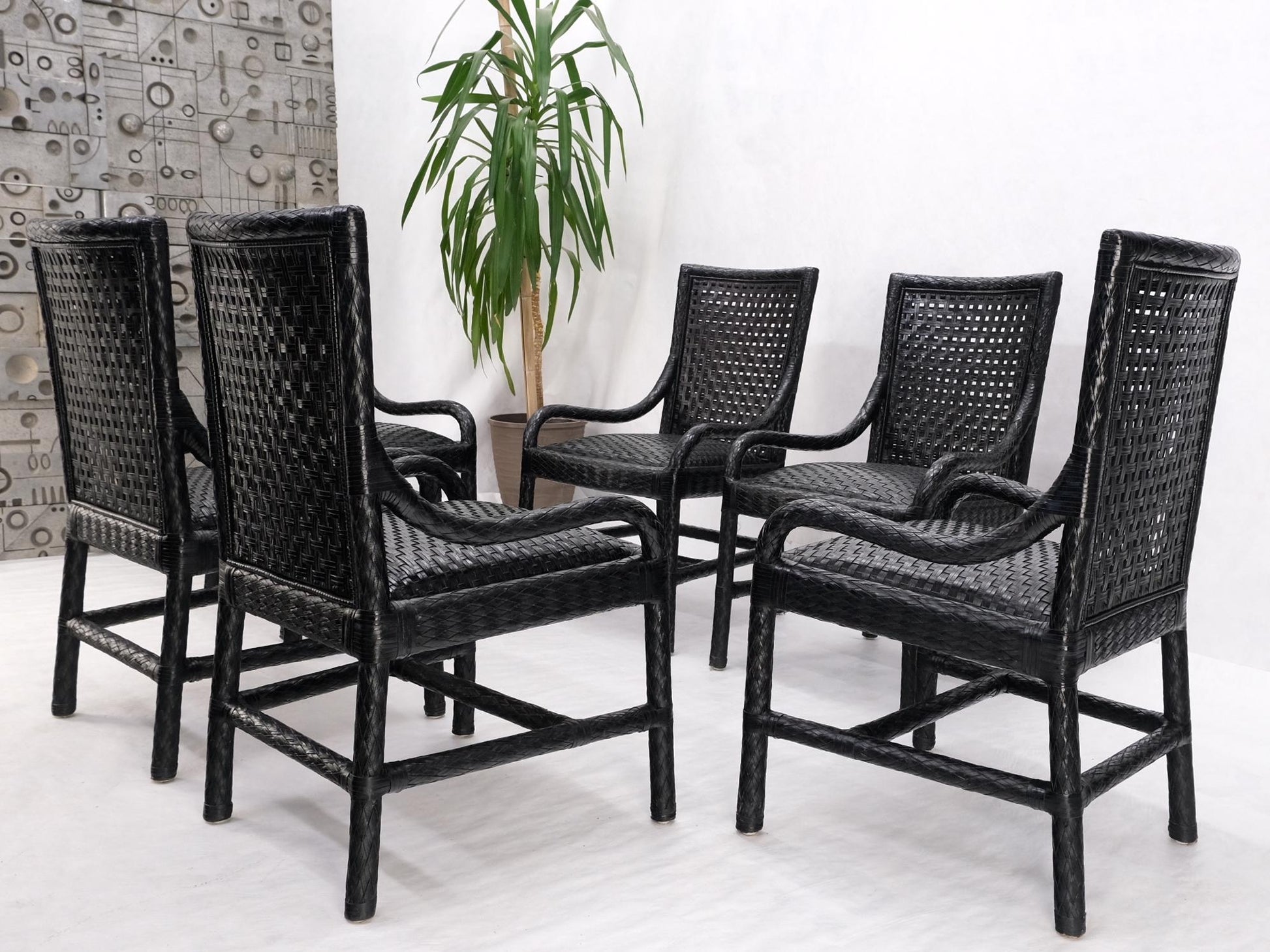 EstablishedLines Unusual Set of 6 Black Leather Strap Weaved Dining Arm Chairs Mid Century Moder