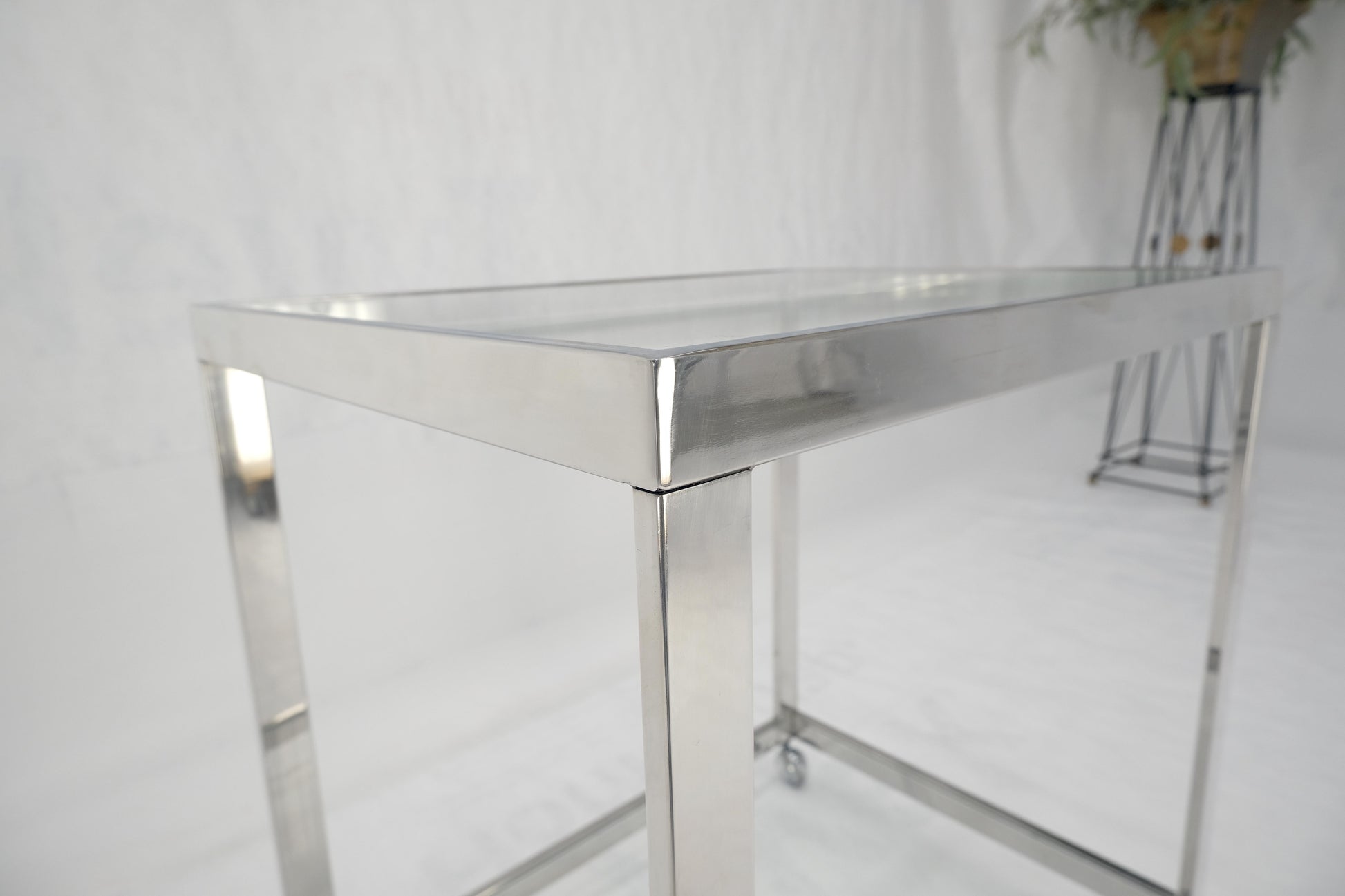 EstablishedLines Polished Stainless Steel Box Shape Two Tier Serving Bar Cart Chrome Mid Century