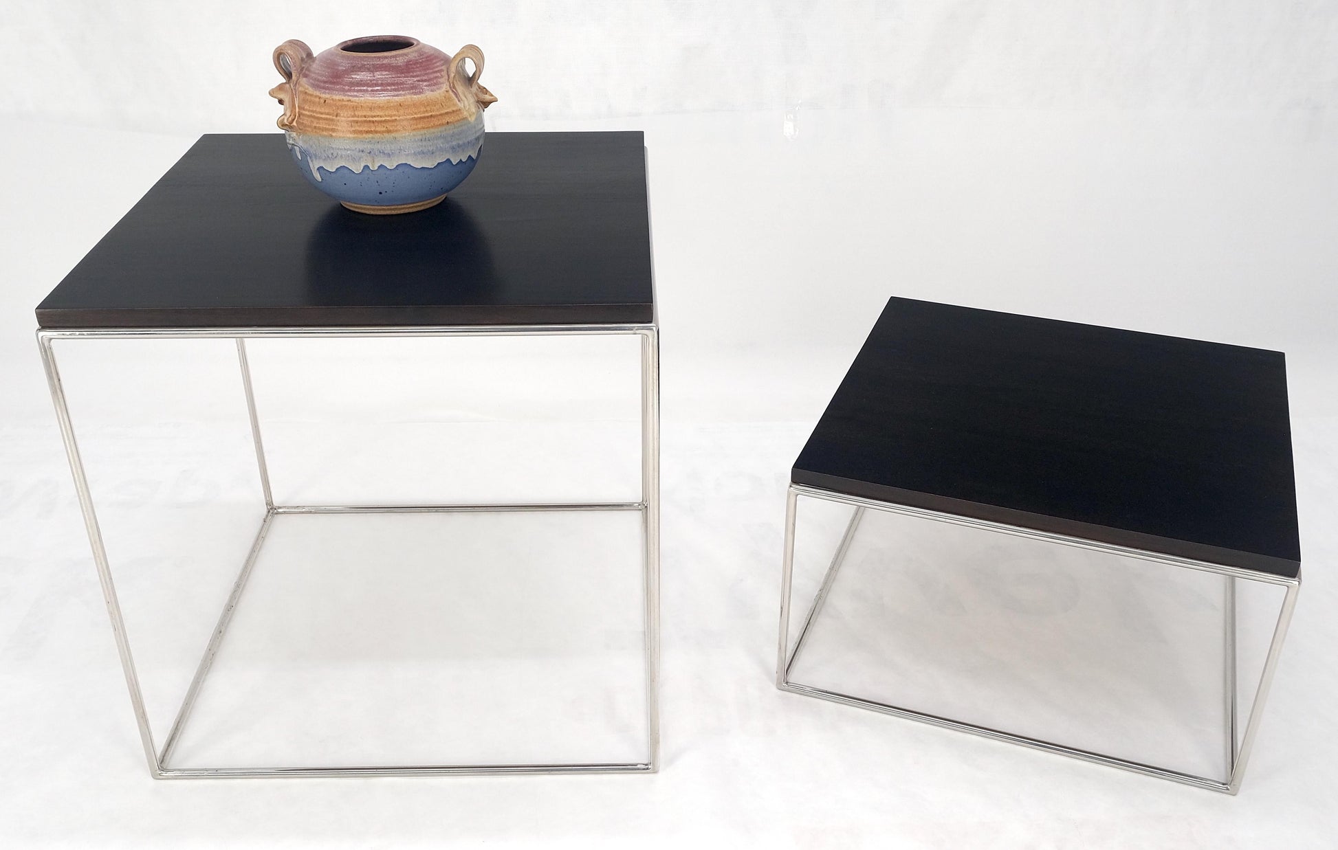 EstablishedLines Espresso Walnut Cube Shape Nesting End Tables Polished Stainless Steel Chrome