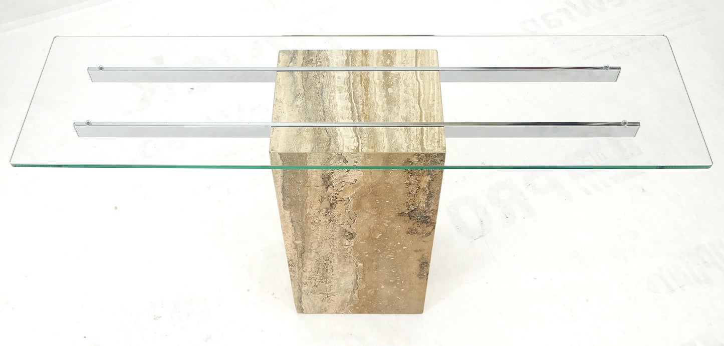 EstablishedLines Single Travertine  Pedestal Glass Top Italian Modern Sofa Console Table MINT!
