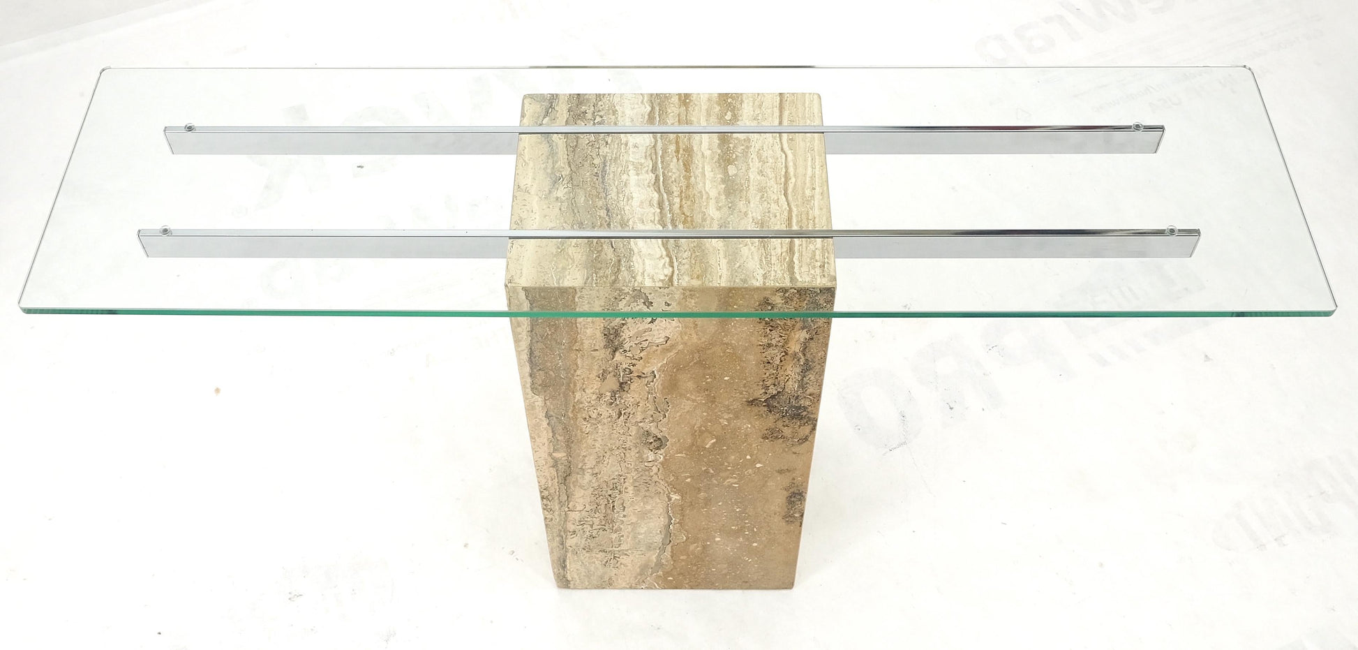 EstablishedLines Single Travertine  Pedestal Glass Top Italian Modern Sofa Console Table MINT!