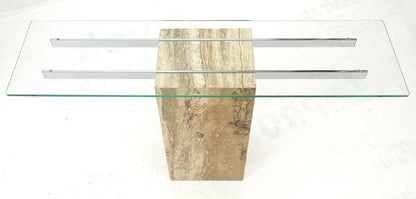 EstablishedLines Single Travertine  Pedestal Glass Top Italian Modern Sofa Console Table MINT!