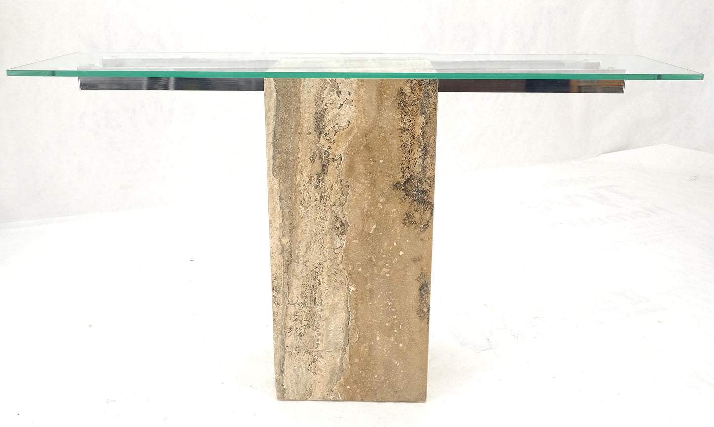 EstablishedLines Single Travertine  Pedestal Glass Top Italian Modern Sofa Console Table MINT!