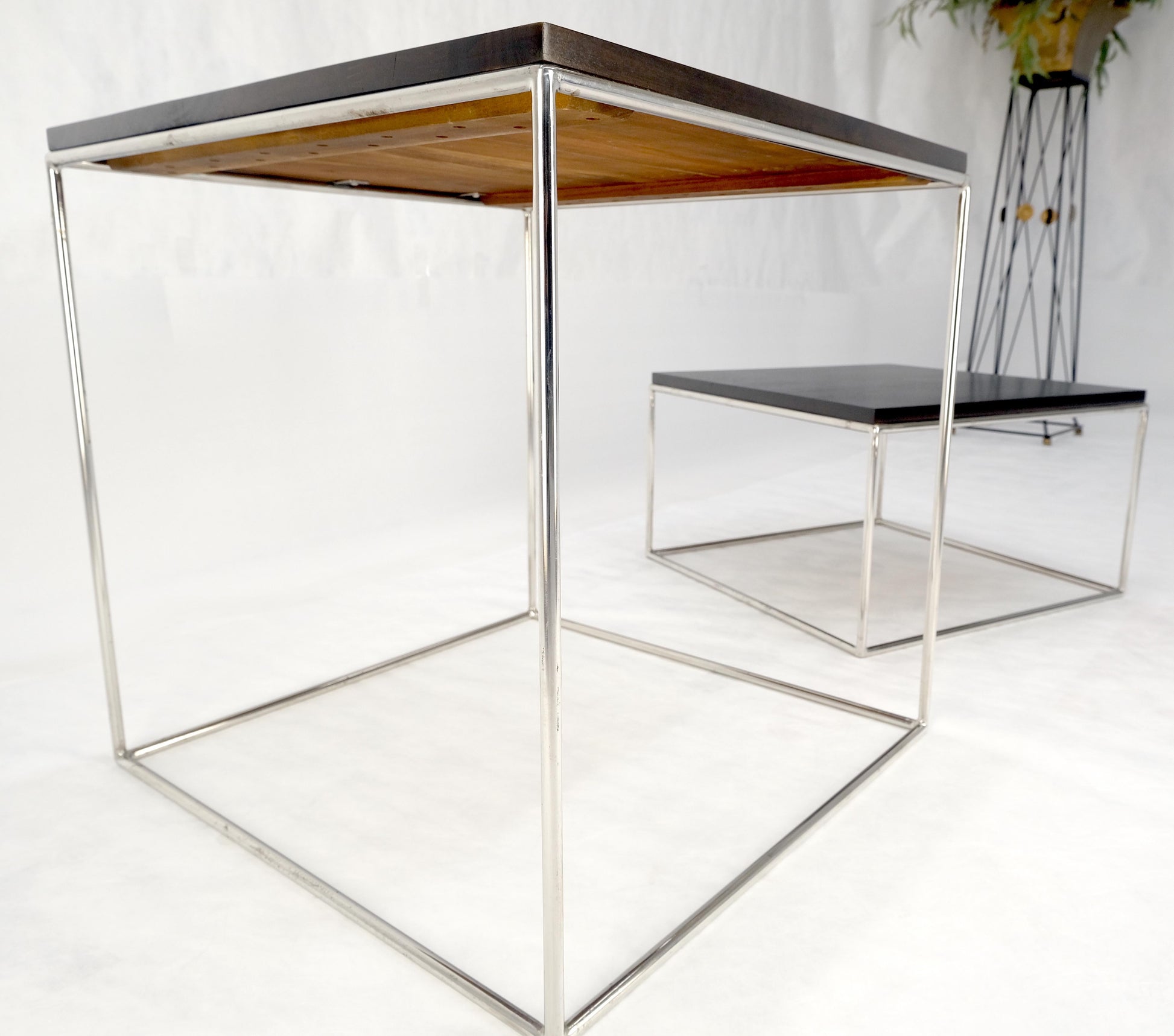 EstablishedLines Espresso Walnut Cube Shape Nesting End Tables Polished Stainless Steel Chrome