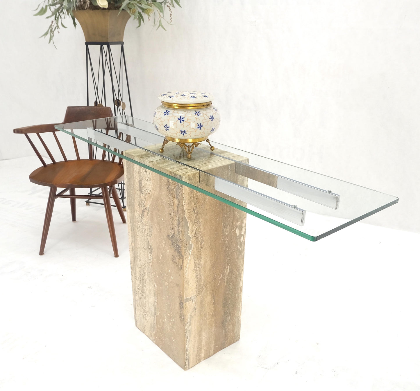 EstablishedLines Single Travertine  Pedestal Glass Top Italian Modern Sofa Console Table MINT!