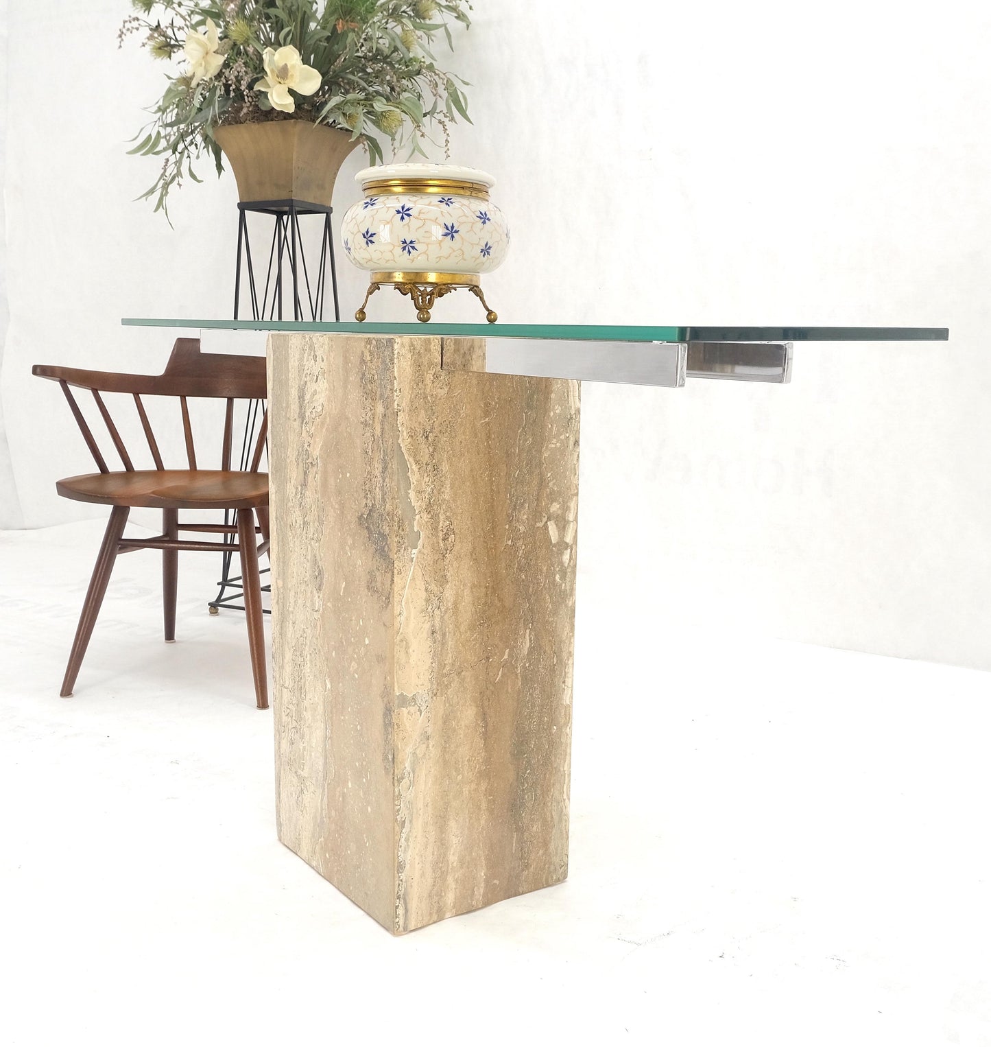 EstablishedLines Single Travertine  Pedestal Glass Top Italian Modern Sofa Console Table MINT!