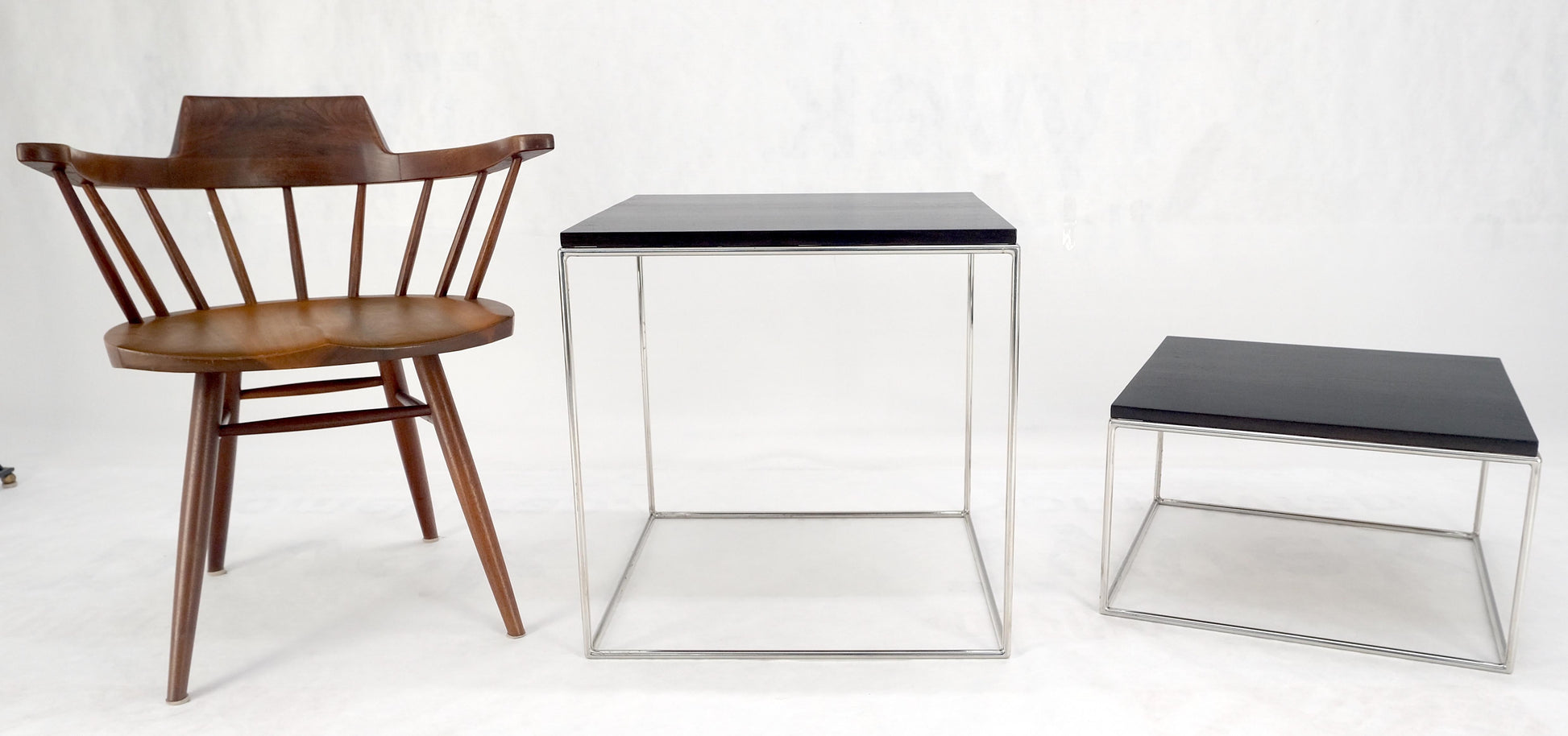 EstablishedLines Espresso Walnut Cube Shape Nesting End Tables Polished Stainless Steel Chrome
