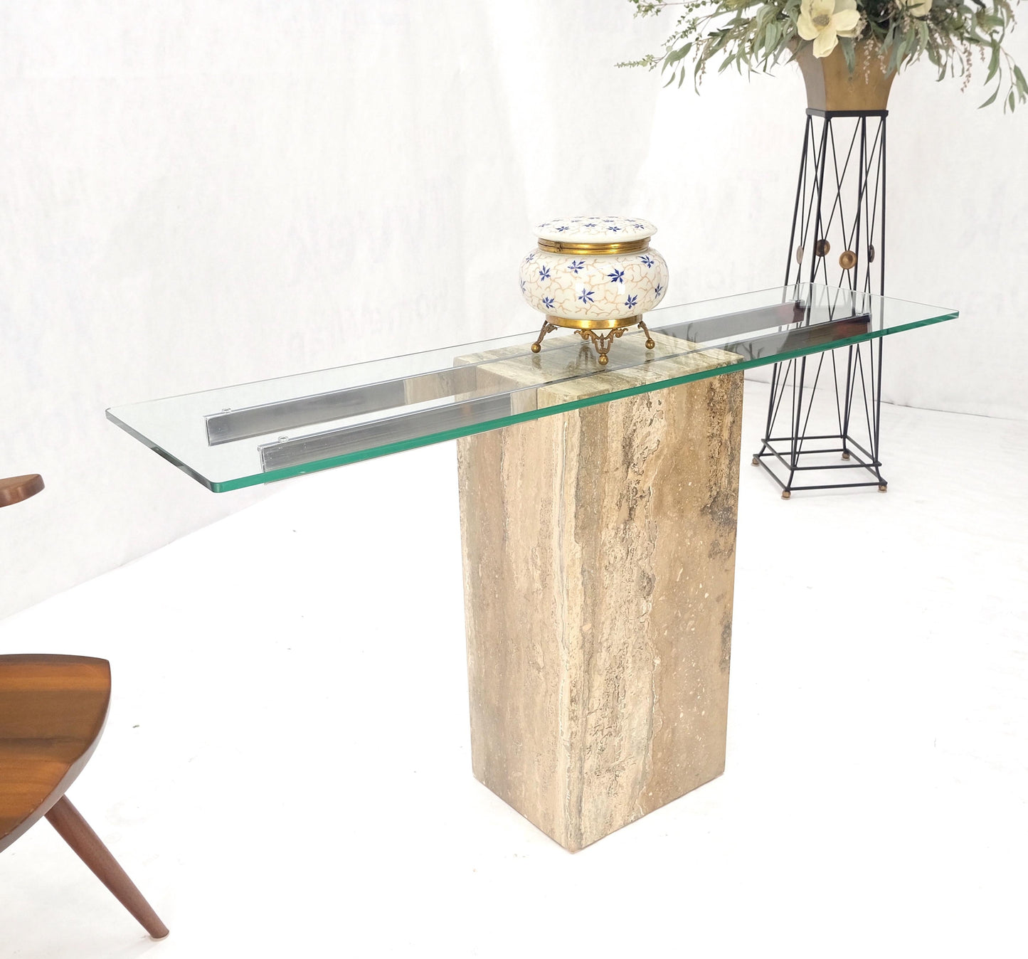 EstablishedLines Single Travertine  Pedestal Glass Top Italian Modern Sofa Console Table MINT!