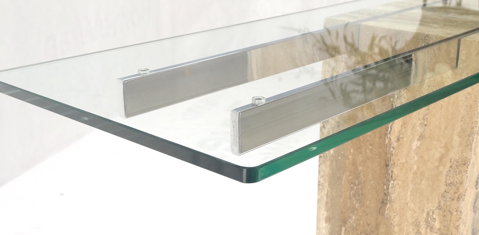 EstablishedLines Single Travertine  Pedestal Glass Top Italian Modern Sofa Console Table MINT!