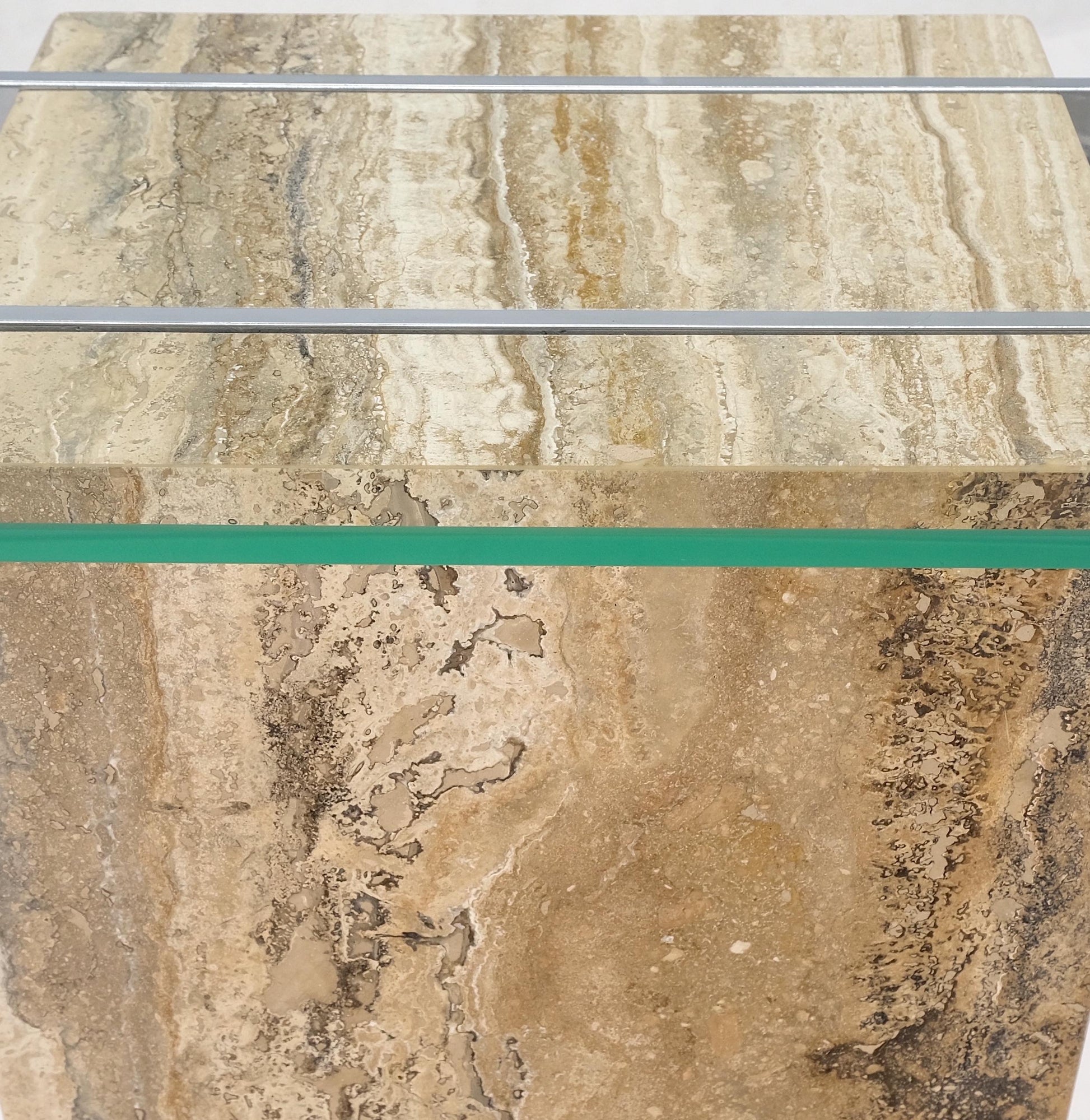 EstablishedLines Single Travertine  Pedestal Glass Top Italian Modern Sofa Console Table MINT!