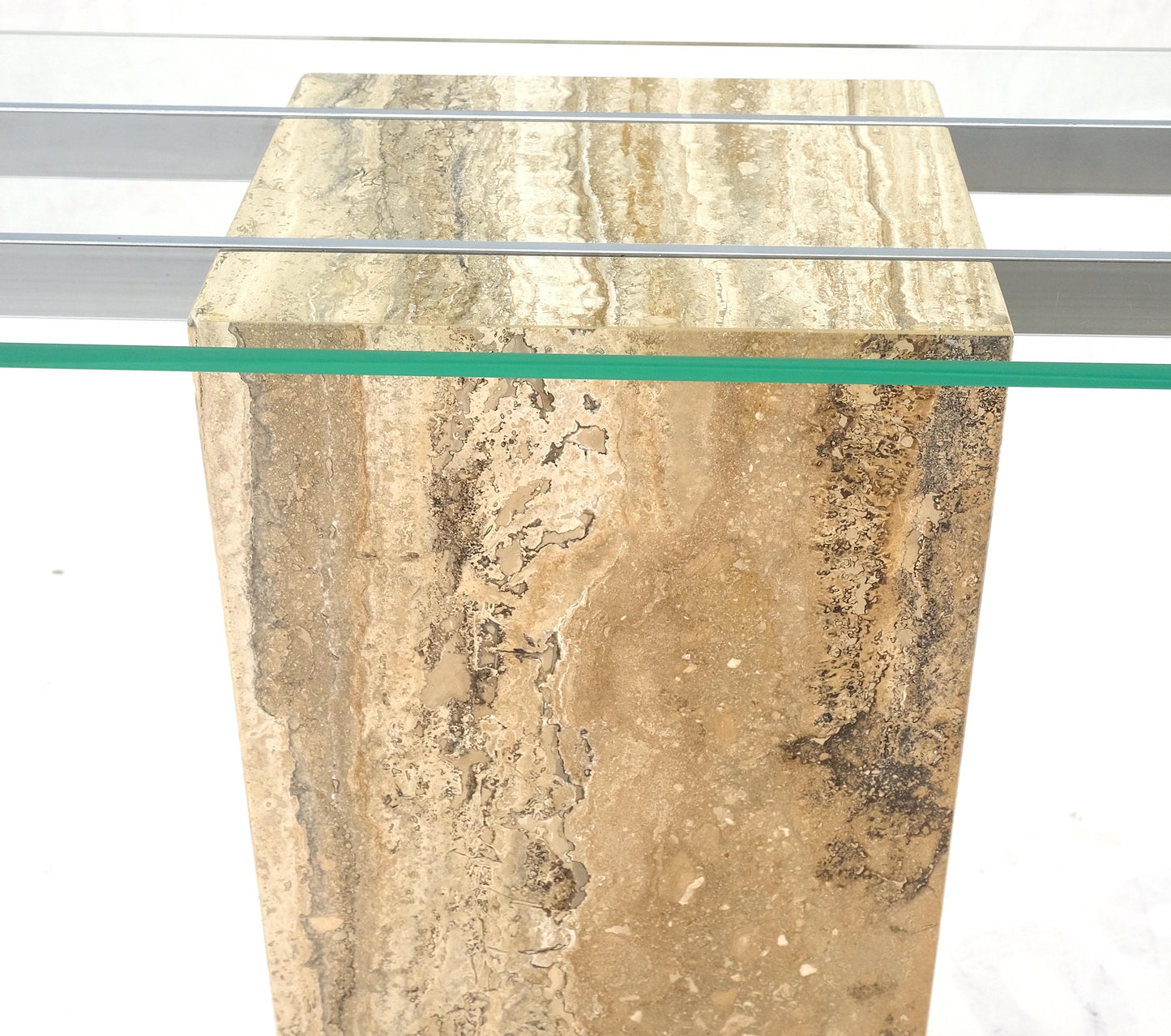 EstablishedLines Single Travertine  Pedestal Glass Top Italian Modern Sofa Console Table MINT!