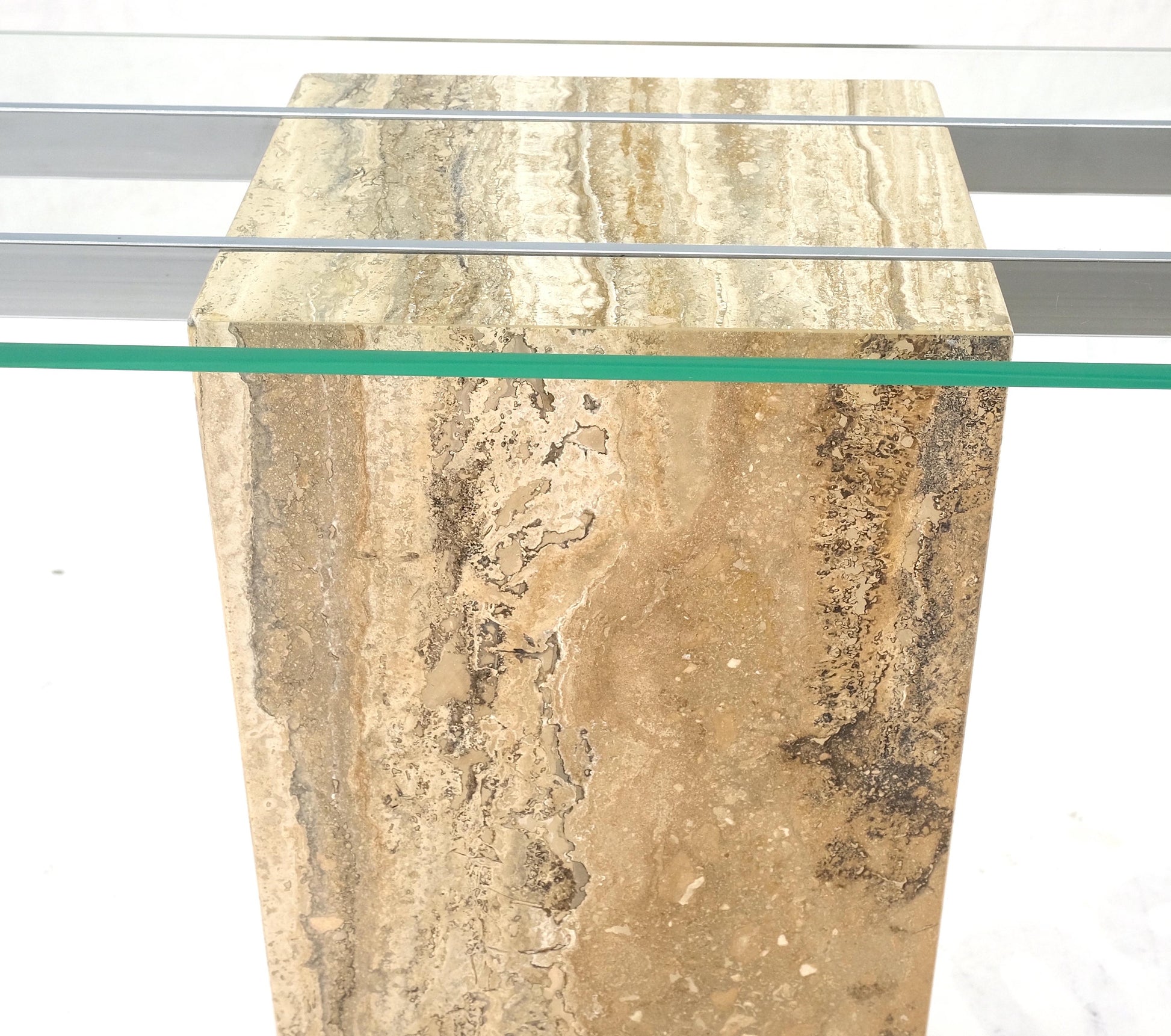 EstablishedLines Single Travertine  Pedestal Glass Top Italian Modern Sofa Console Table MINT!