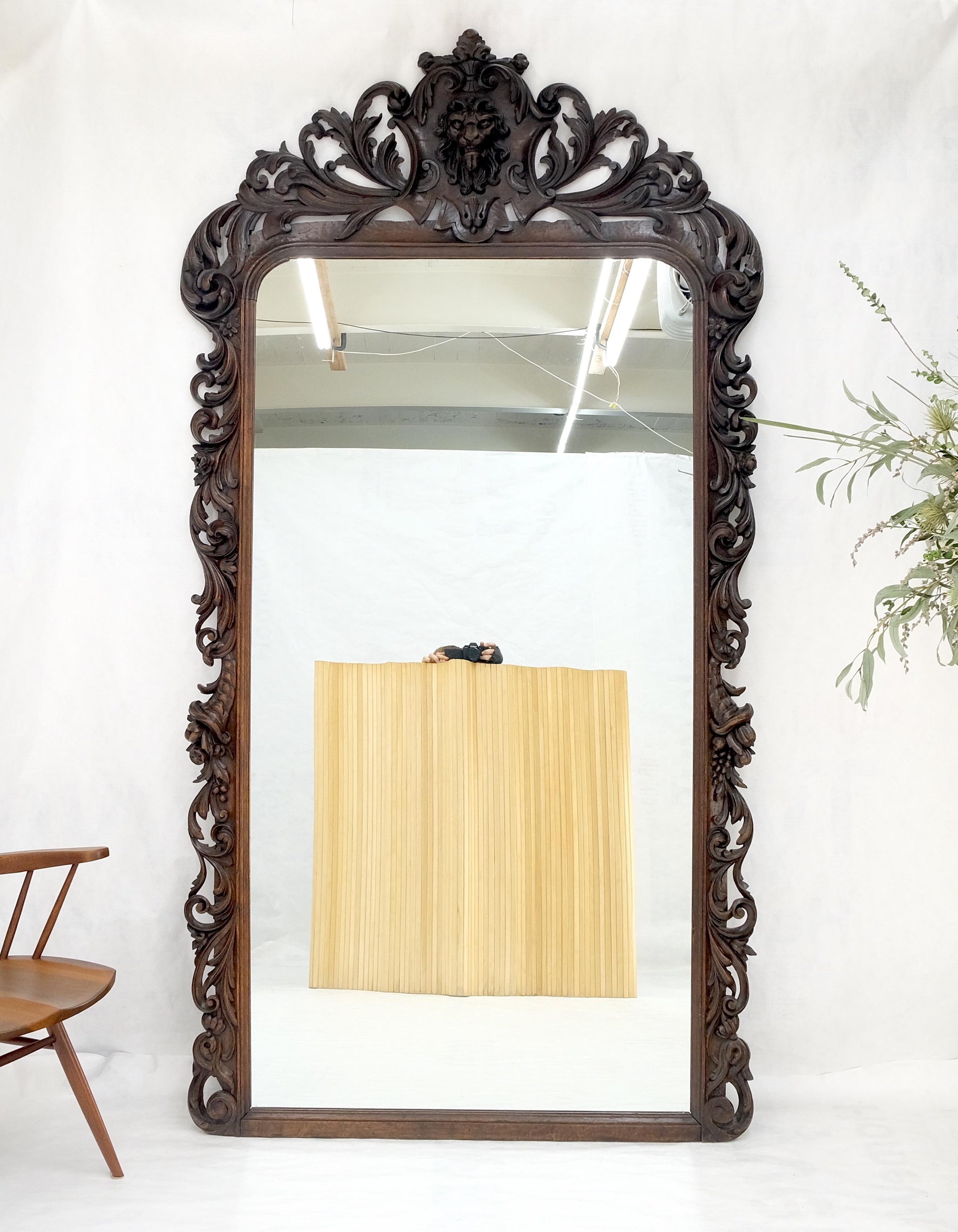 EstablishedLines North Winds Standing 8 Feet Tall Heavily Carved Oak Floor Wall Mirror Clean!