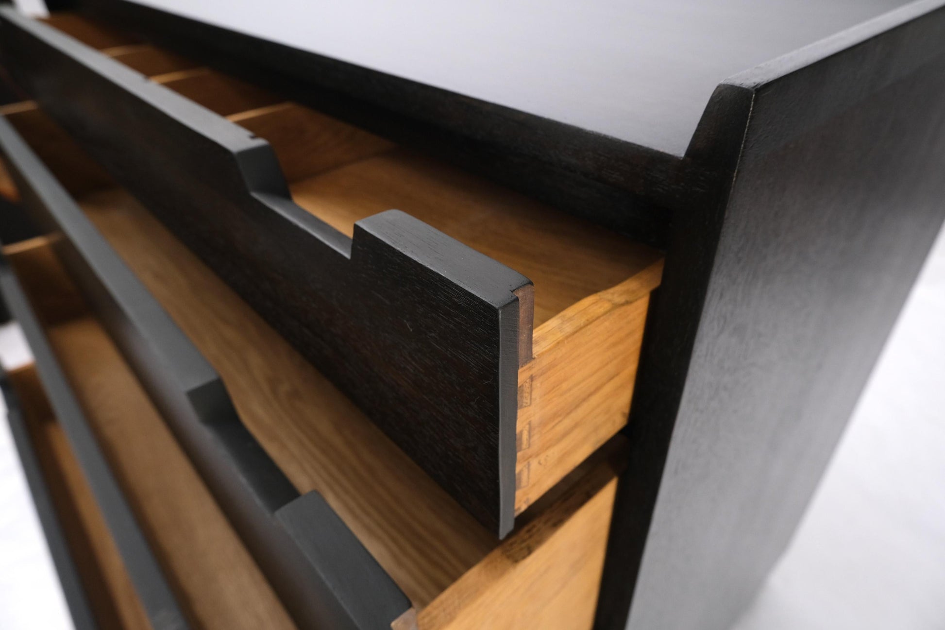 EstablishedLines Pair of Ebonized Mahogany 4 Drawers Bachelor Chests w/ Gallery Tops Restored