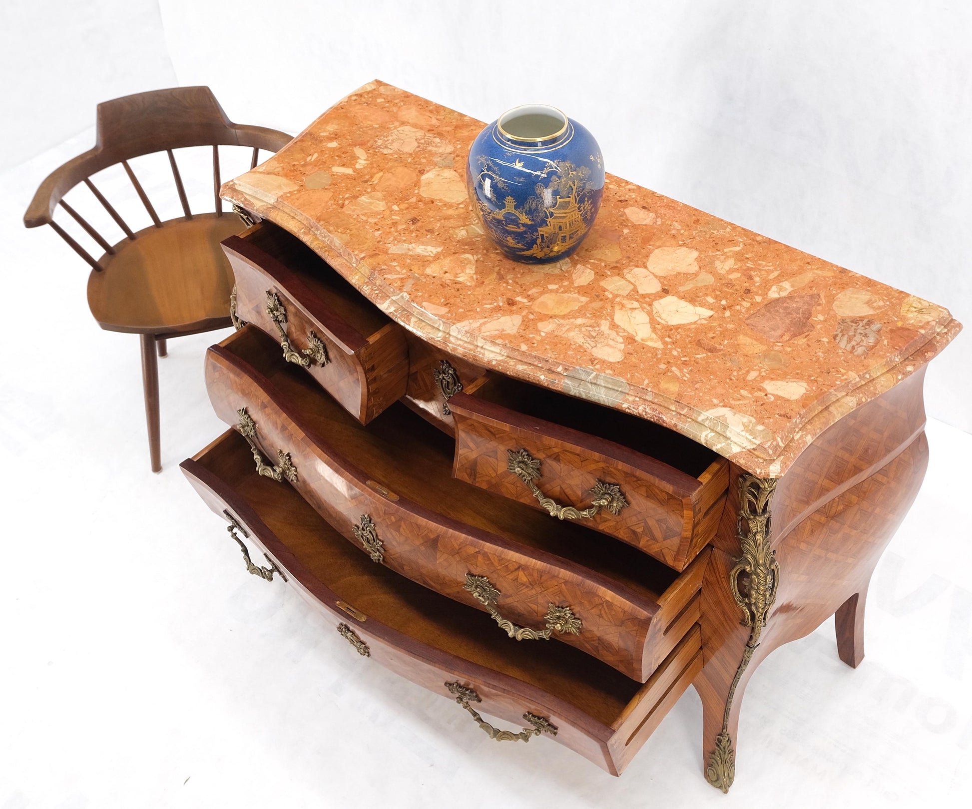 EstablishedLines Bombe Bronze Ormolu Marble Top French Satinwood Louis XV 3 Drawers Dresser MINT!