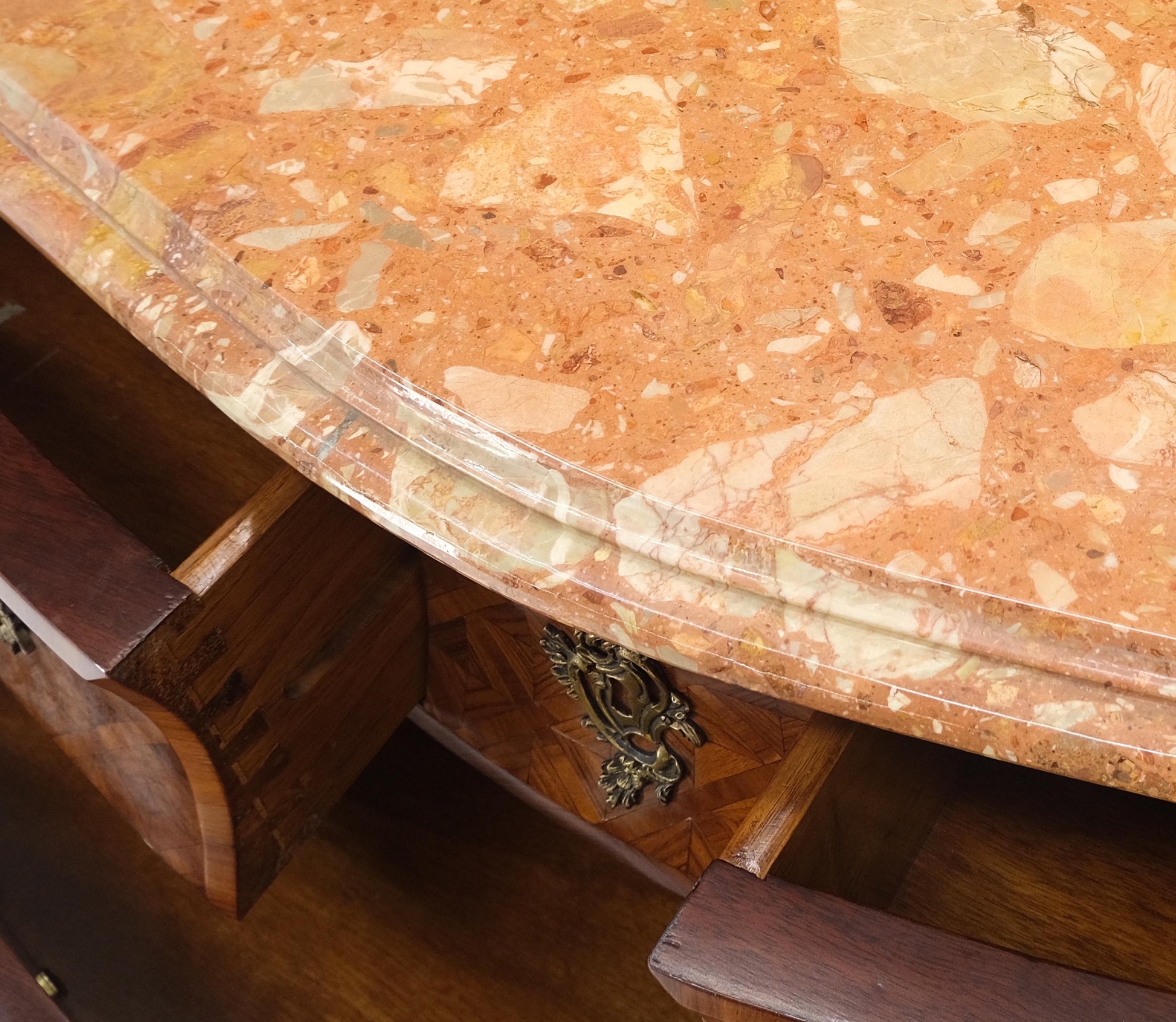 EstablishedLines Bombe Bronze Ormolu Marble Top French Satinwood Louis XV 3 Drawers Dresser MINT!