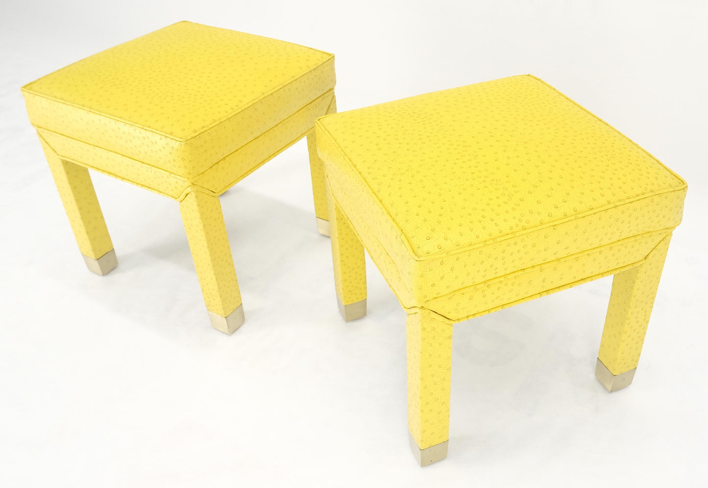 Pair of Lemon Yellow Faux Ostrich Skin Leather Square Window Hall Benches MINT!