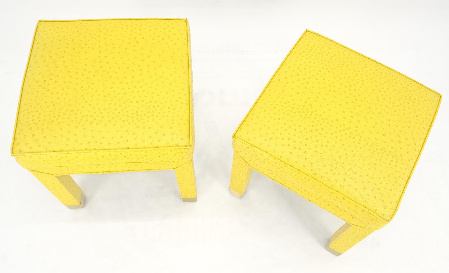 Pair of Lemon Yellow Faux Ostrich Skin Leather Square Window Hall Benches MINT!
