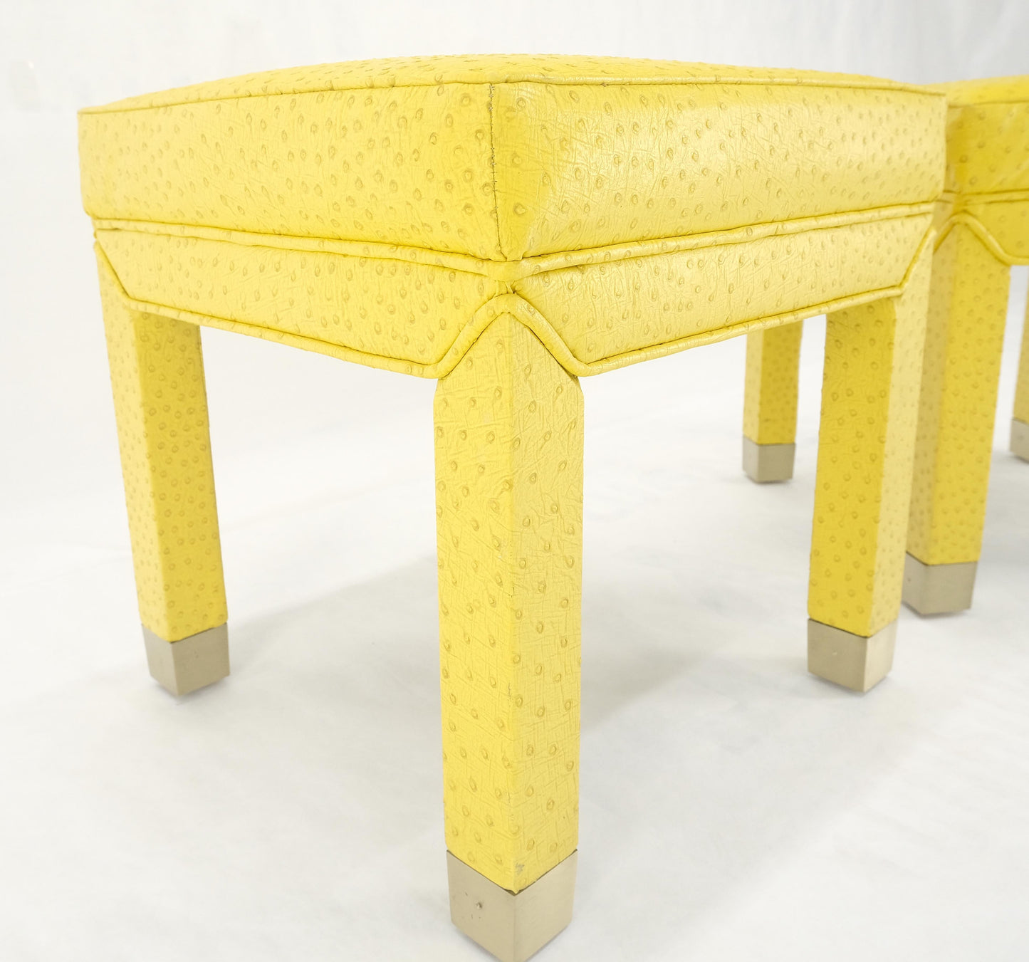 Pair of Lemon Yellow Faux Ostrich Skin Leather Square Window Hall Benches MINT!