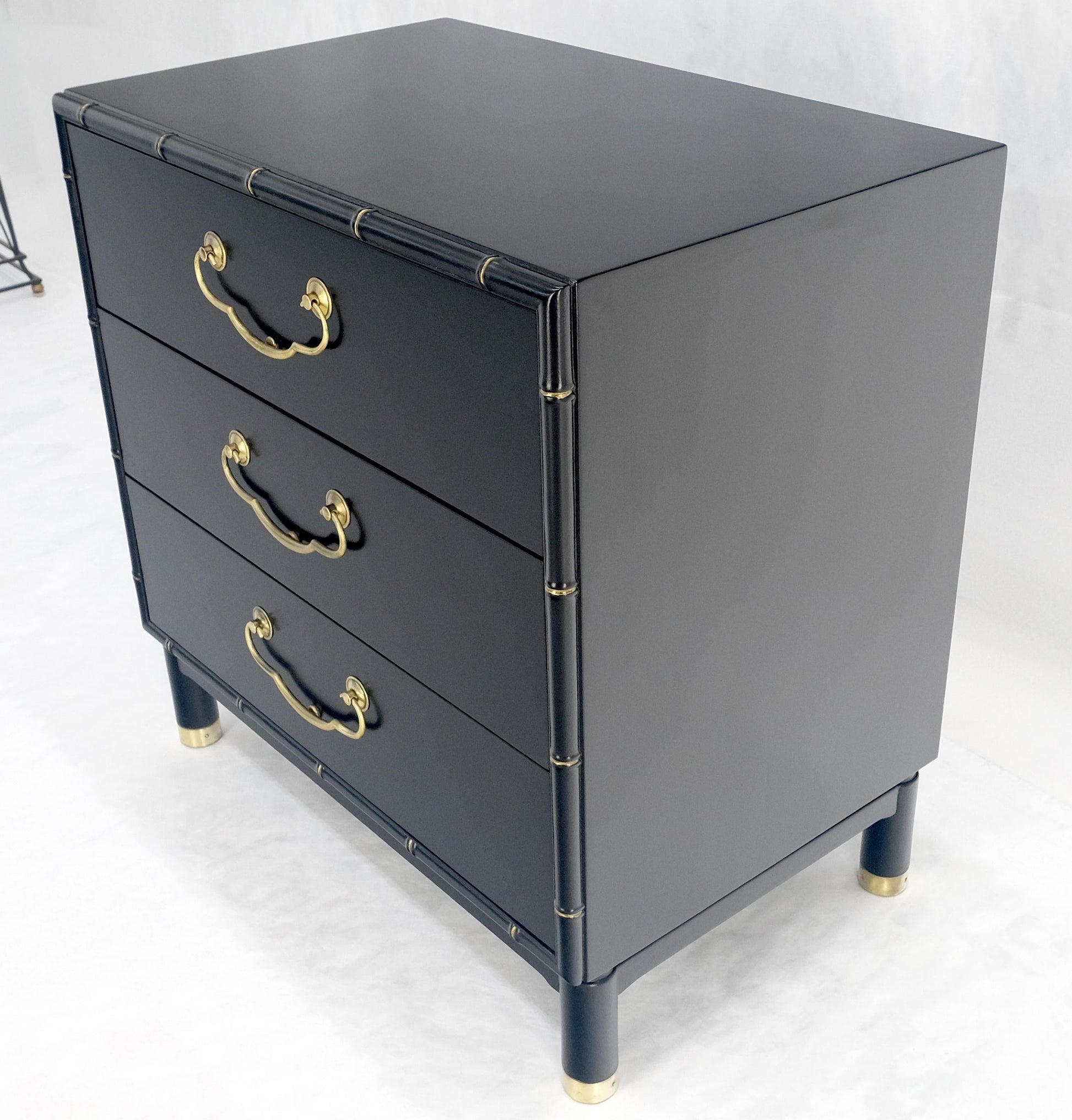 EstablishedLines Black Lacquer Solid Brass Drop Pulls Faux Bamboo 3 Drawer Bachelor Chest Dresser