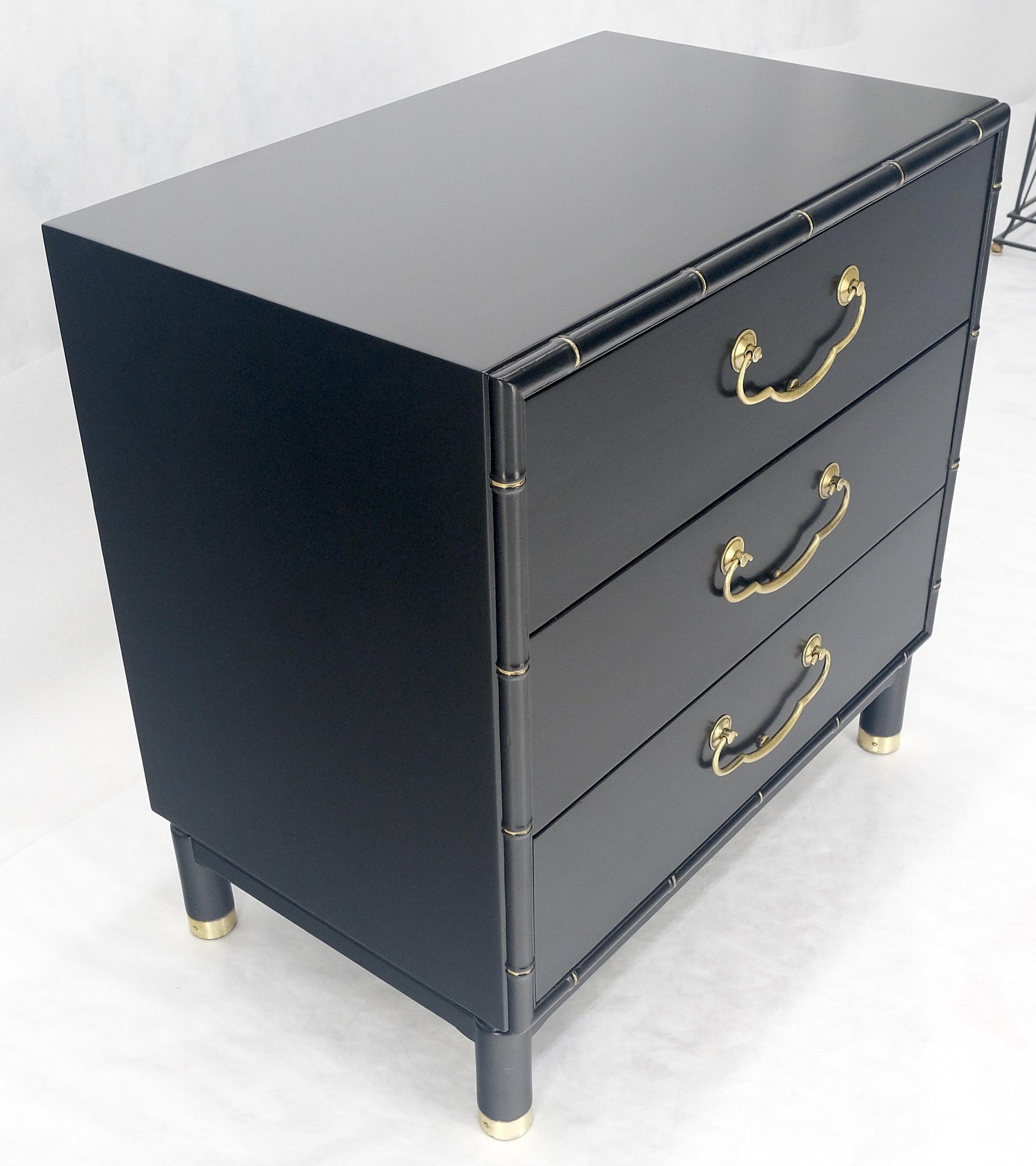 EstablishedLines Black Lacquer Solid Brass Drop Pulls Faux Bamboo 3 Drawer Bachelor Chest Dresser