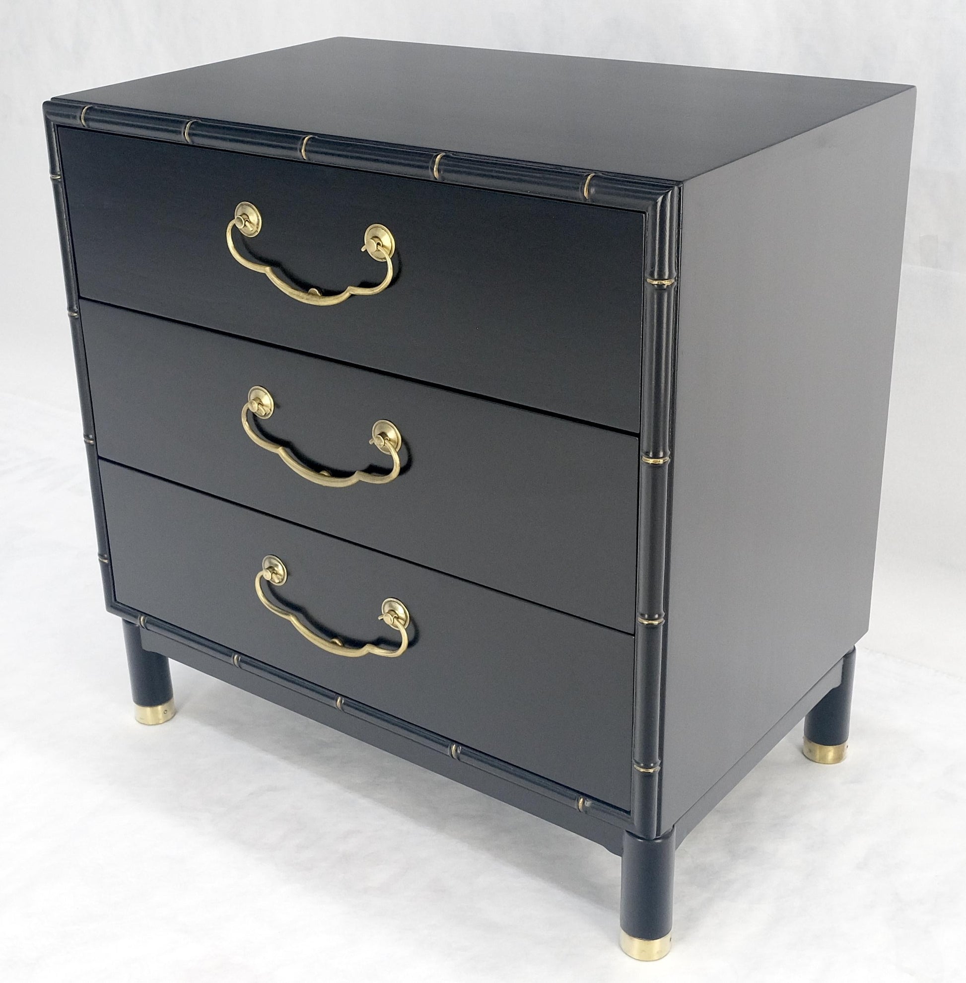 EstablishedLines Black Lacquer Solid Brass Drop Pulls Faux Bamboo 3 Drawer Bachelor Chest Dresser