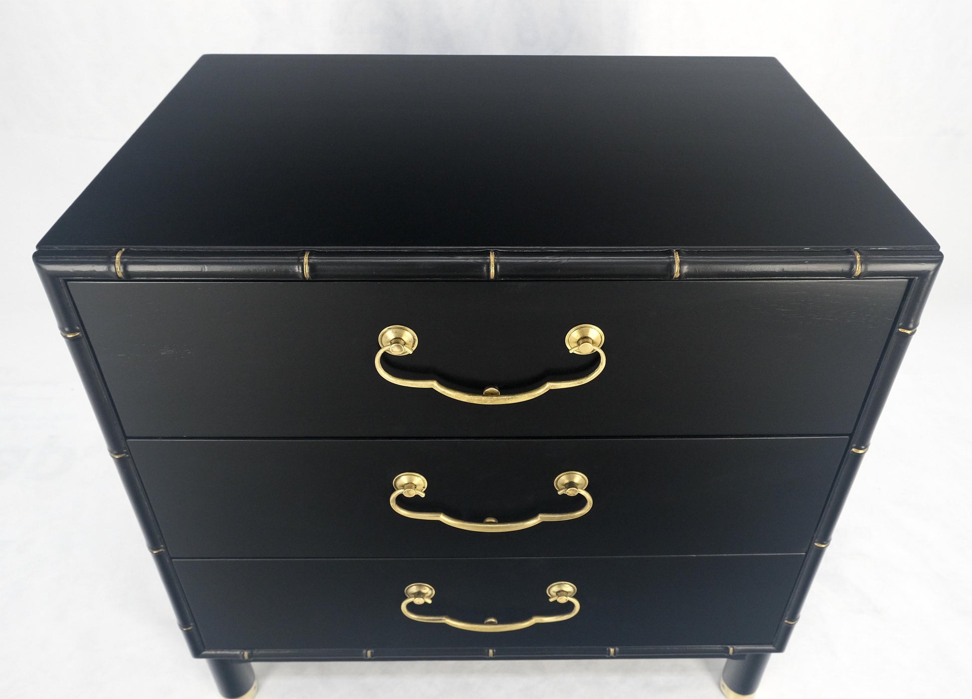 EstablishedLines Black Lacquer Solid Brass Drop Pulls Faux Bamboo 3 Drawer Bachelor Chest Dresser