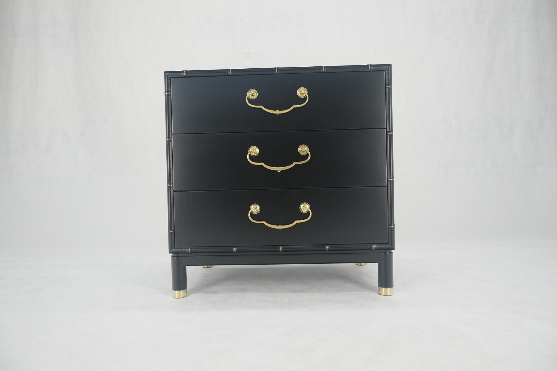 EstablishedLines Black Lacquer Solid Brass Drop Pulls Faux Bamboo 3 Drawer Bachelor Chest Dresser