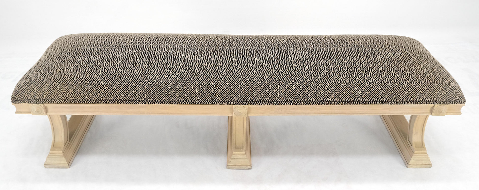EstablishedLines Bleached Carved Mahogany Tripple Pedestals Base Upholstered Seat Bench MINT!