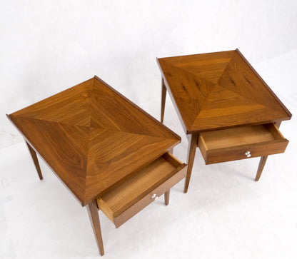 EstablishedLines Pair of Walnut Rolled Edges Square One Drawer Tapered Legs End Side Tables Stand