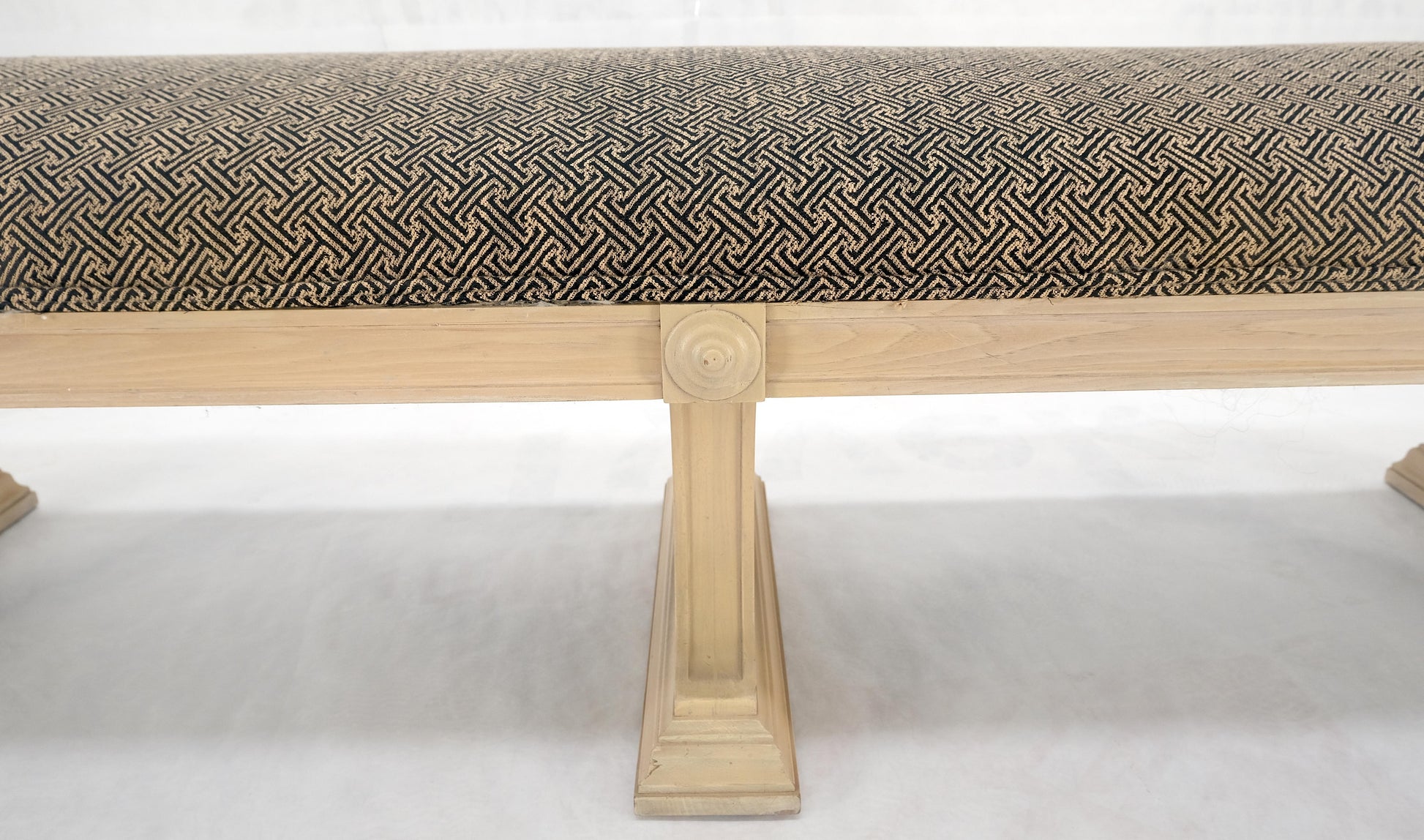 EstablishedLines Bleached Carved Mahogany Tripple Pedestals Base Upholstered Seat Bench MINT!