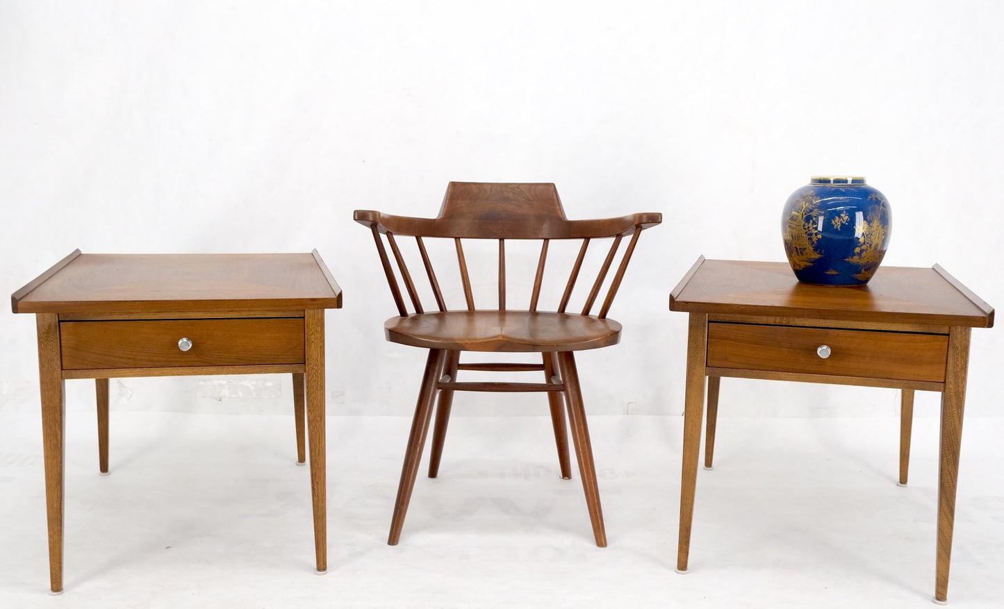 EstablishedLines Pair of Walnut Rolled Edges Square One Drawer Tapered Legs End Side Tables Stand